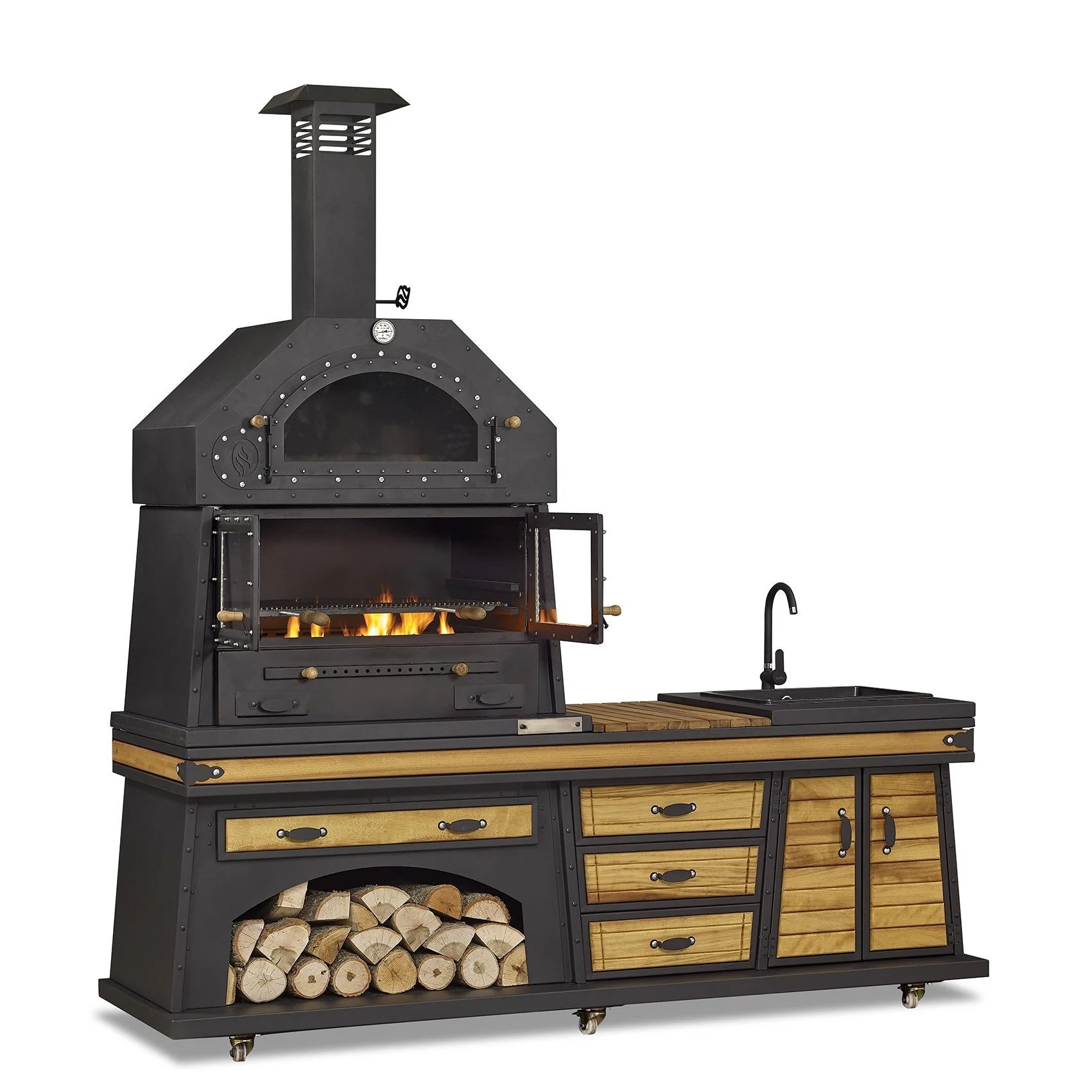 Schwarze Außenküche aus Holz und Edelstahl modern und wetterfest