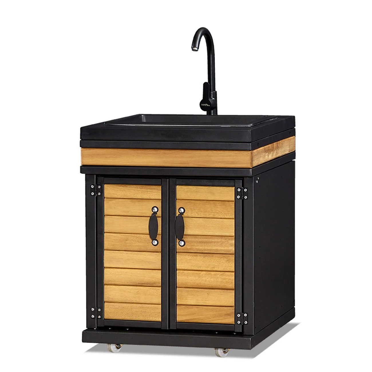 Elegantes schwarzes Außenküchenmodul aus Edelstahl und Holz