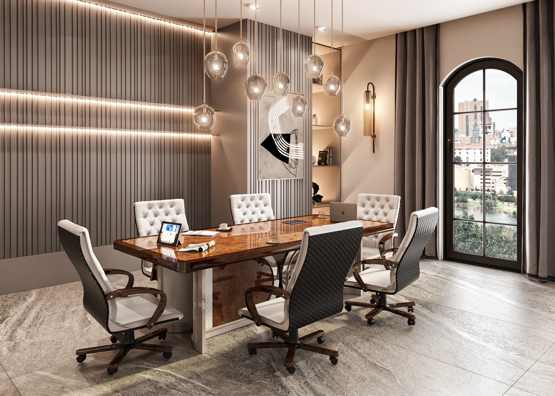 Eleganter brauner Holz-Konferenztisch mit stilvollen Bürostühlen