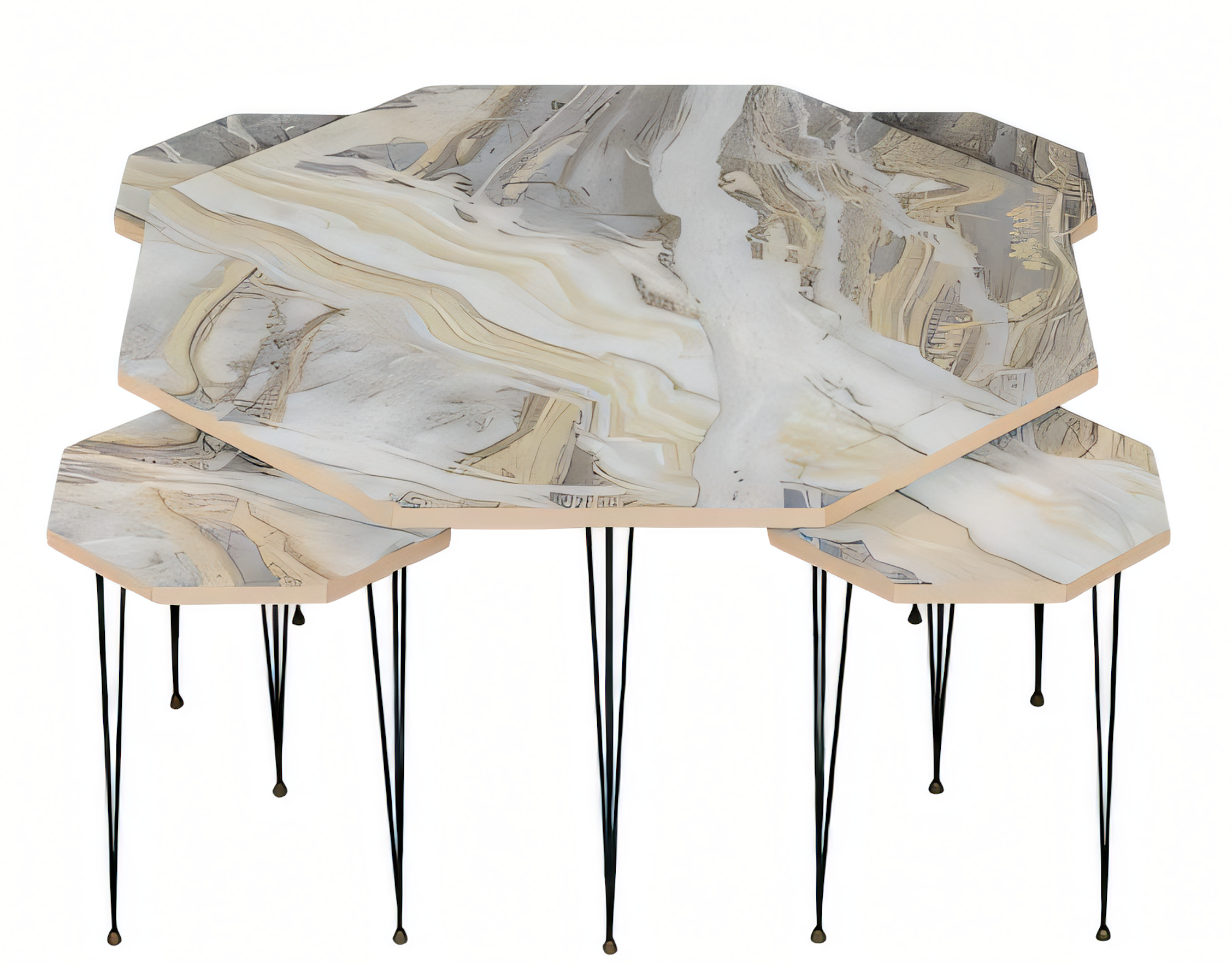 Moderner Holz-Couchtisch mit bunten Beistelltischen in Mehrfarbig