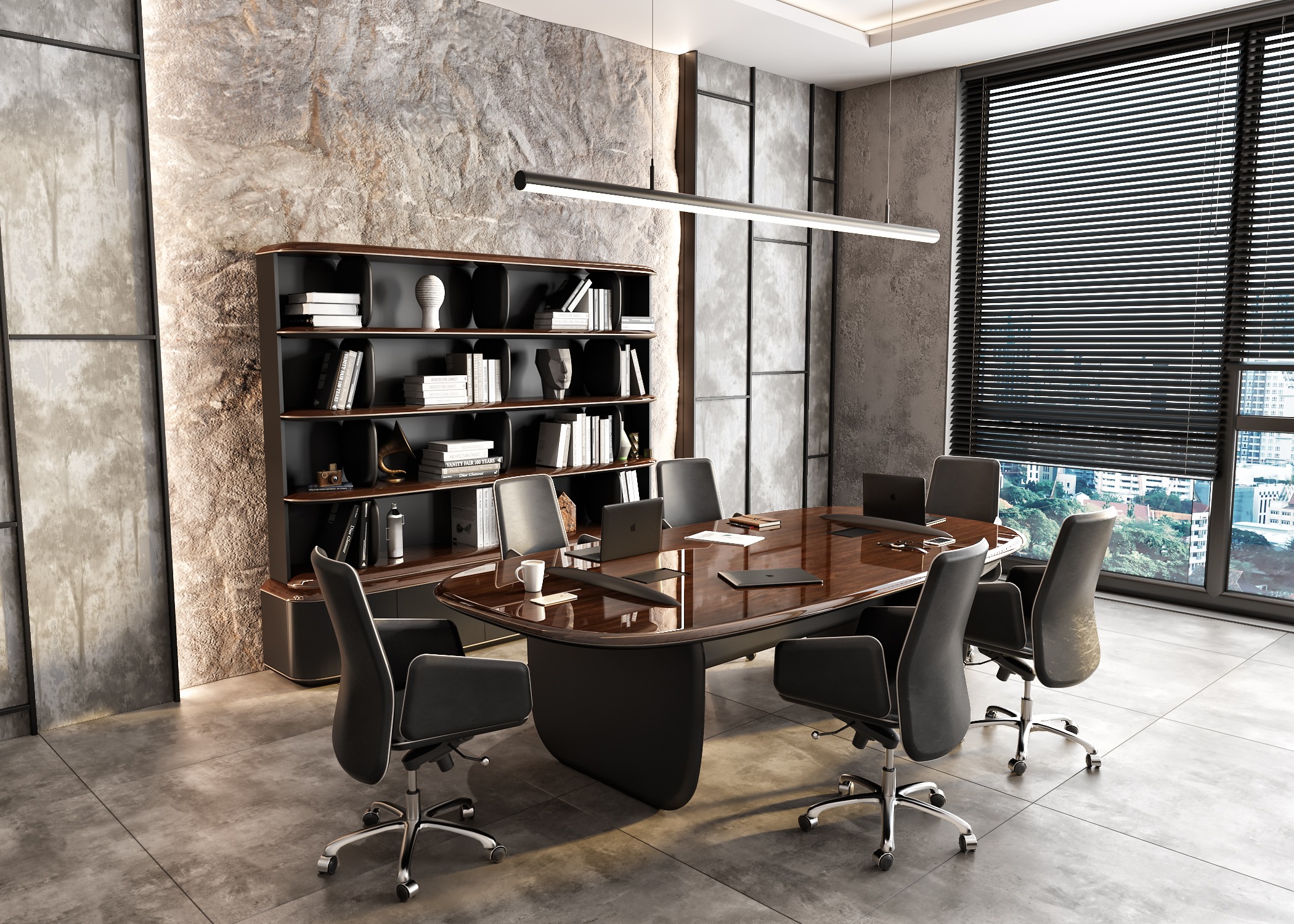 Arbeitszimmer-Set Braun aus Holz mit Konferenztisch Bücherregal