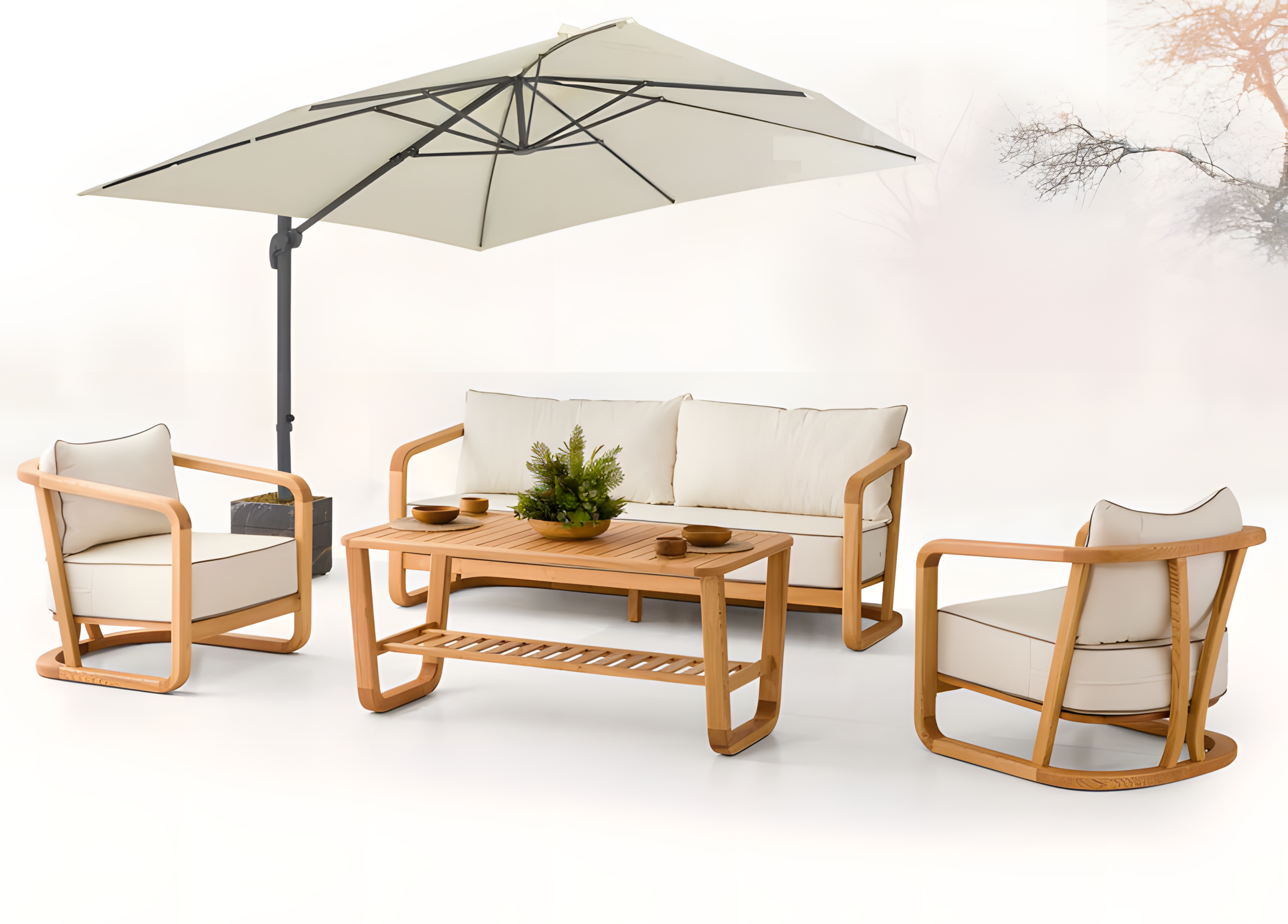 Elegantes Beiges Holz-Textil Sofa-Set mit 3 Sitzen und Sessel