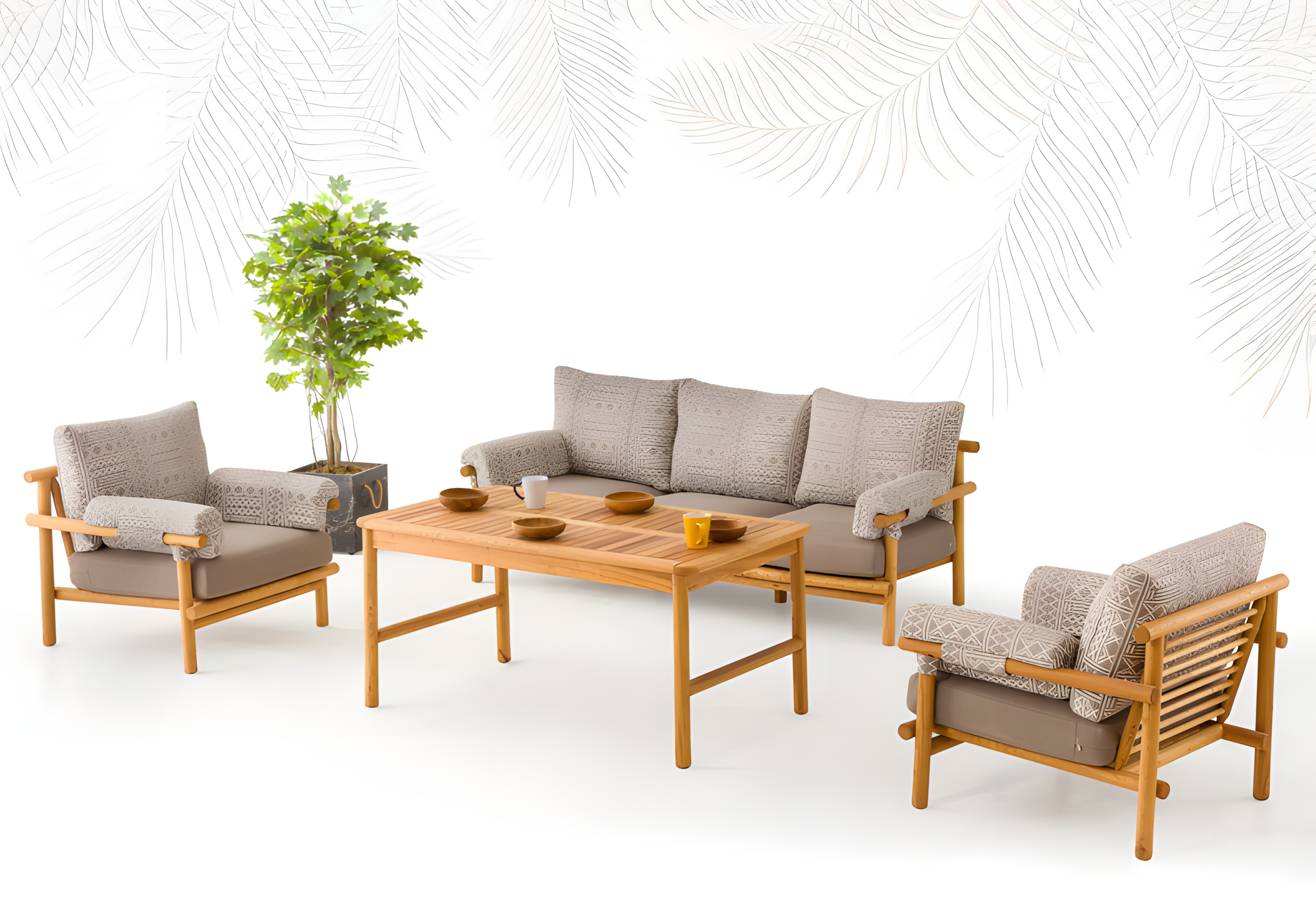 Gartenmöbel Set aus Holz und Textil in Beige mit Sofa, Sesseln