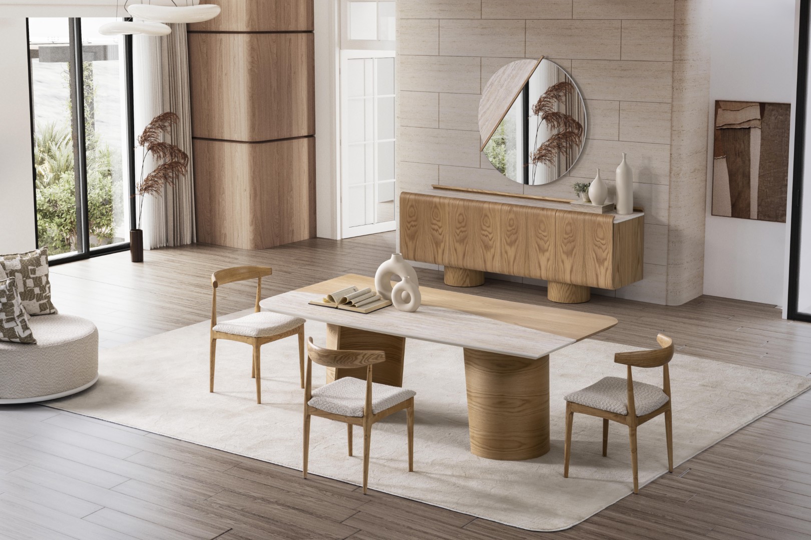 Elegantes braunes Esszimmer Set mit Esstisch, Stühlen, Sideboard