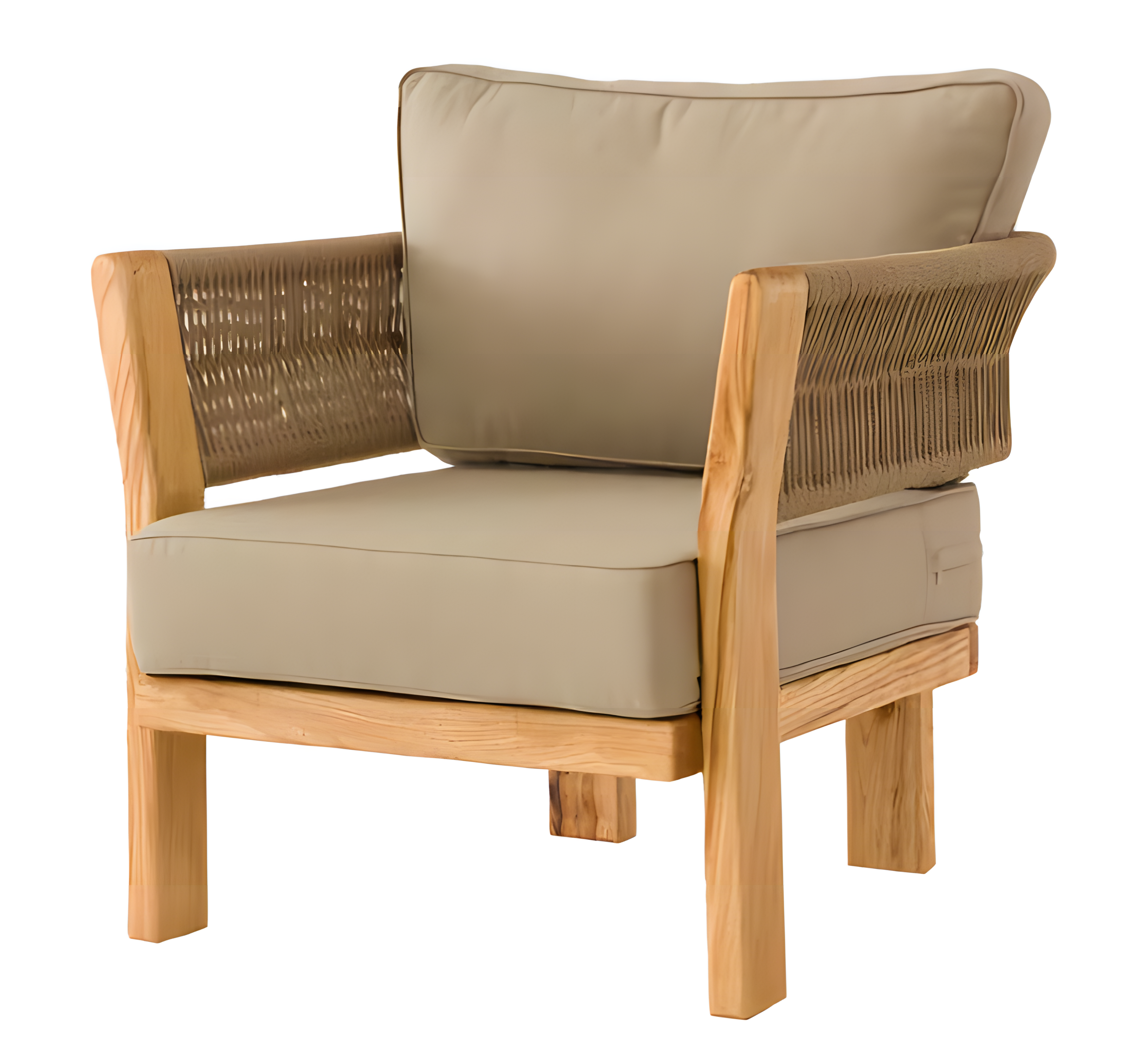 Moderner Beigefarbener Stoffsessel aus Holz für Terrasse und Balkon