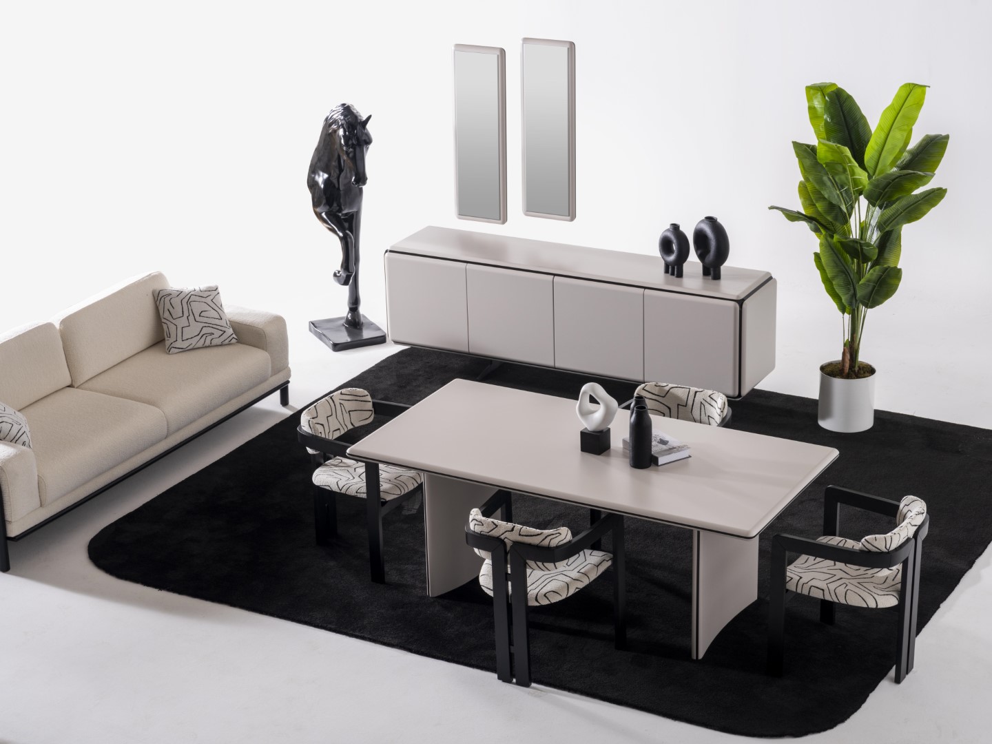 Elegantes 9-tlg. Esszimmer Set aus Holz und Glas in Beige