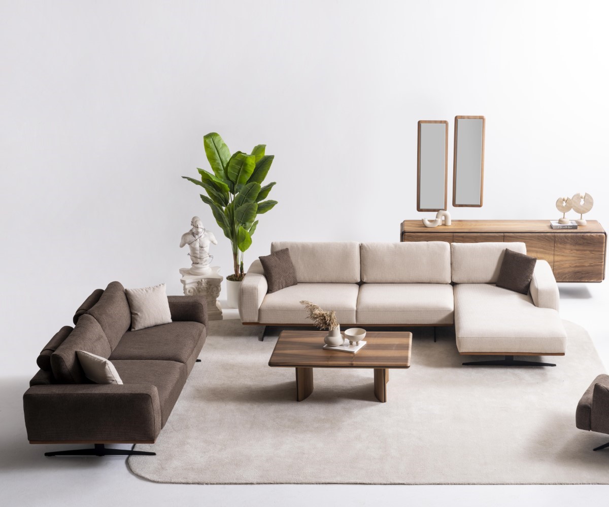 Moderner brauner Wohnzimmer Set aus Textil mit L-förmigem Ecksofa