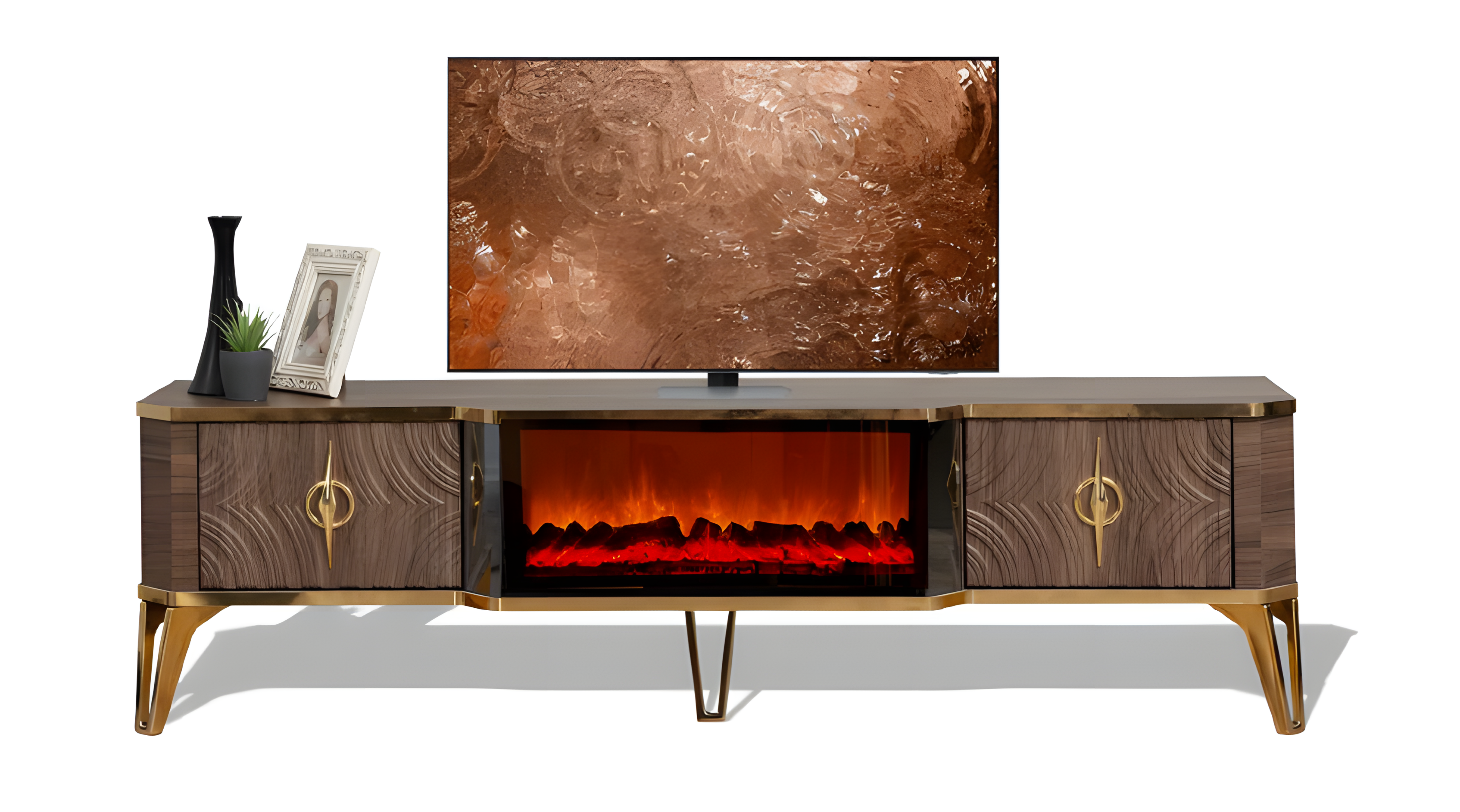 Funktionaler TV-Lowboard mit Kaminimitation und Stauraum in Braun