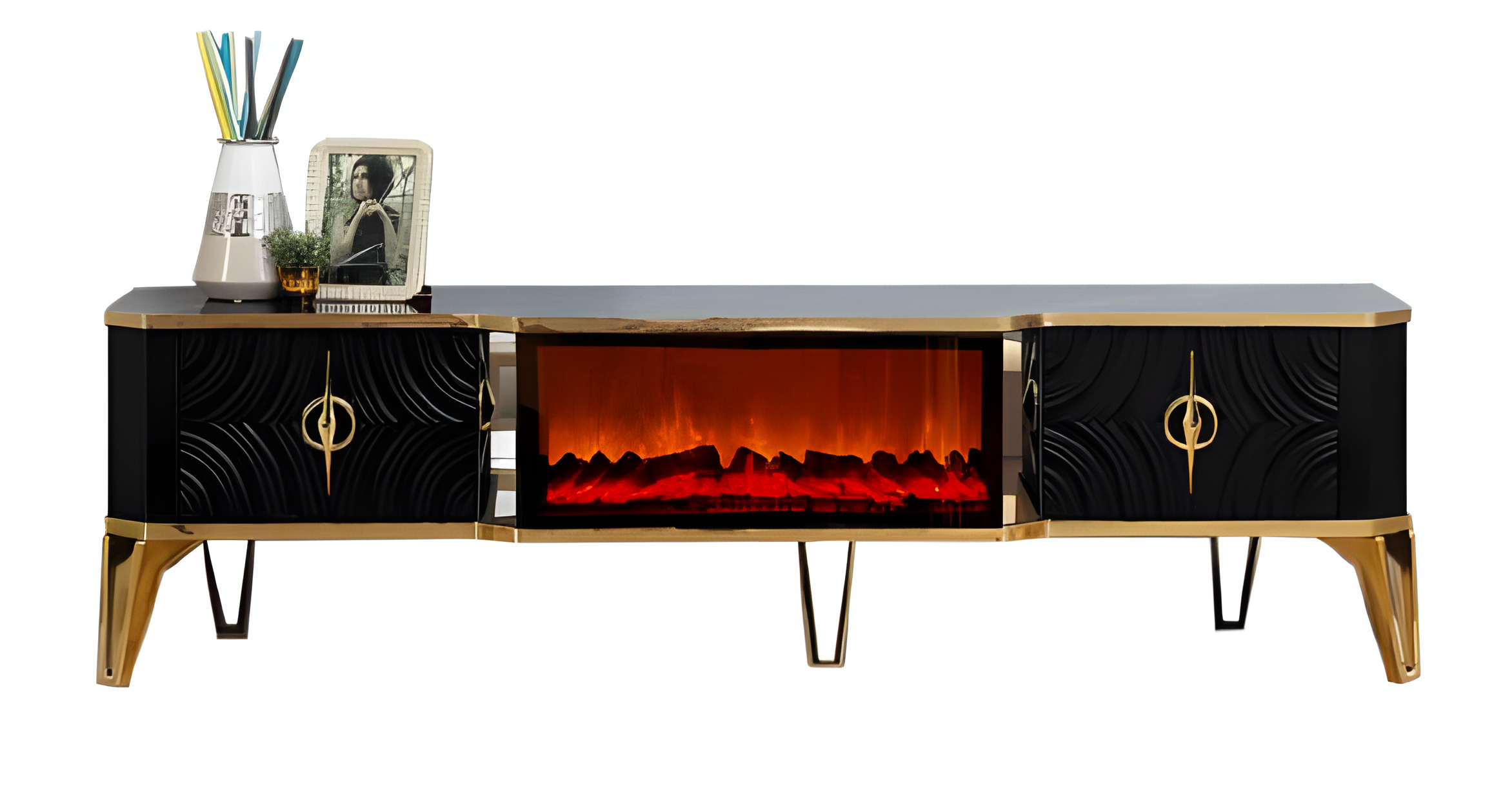 Anspruchsvoller TV-Schrank mit modernem Kamineffekt und geräumigen Fächern