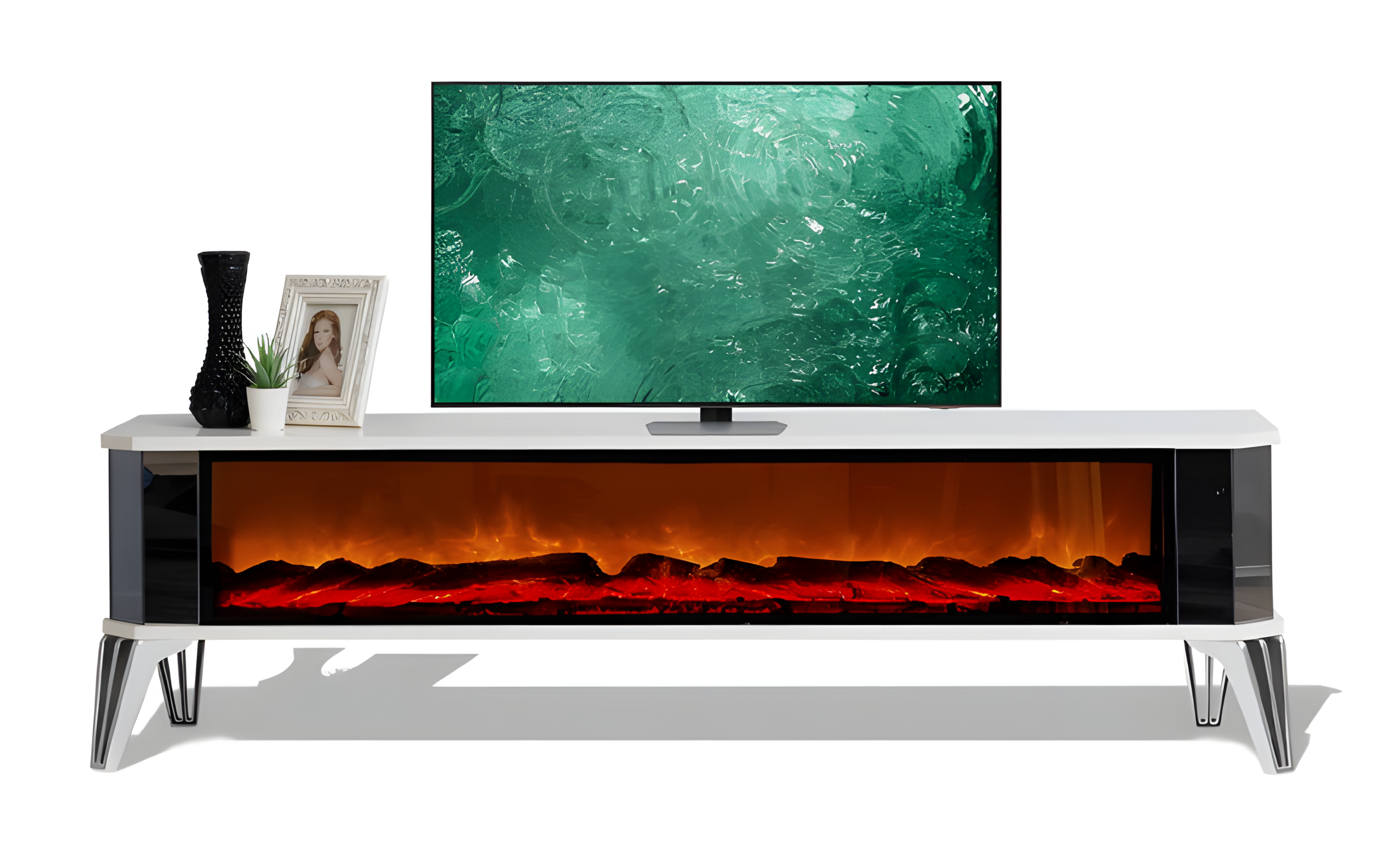 Weißer TV-Schrank mit Elektrokamin und stilvoller LED-Beleuchtung