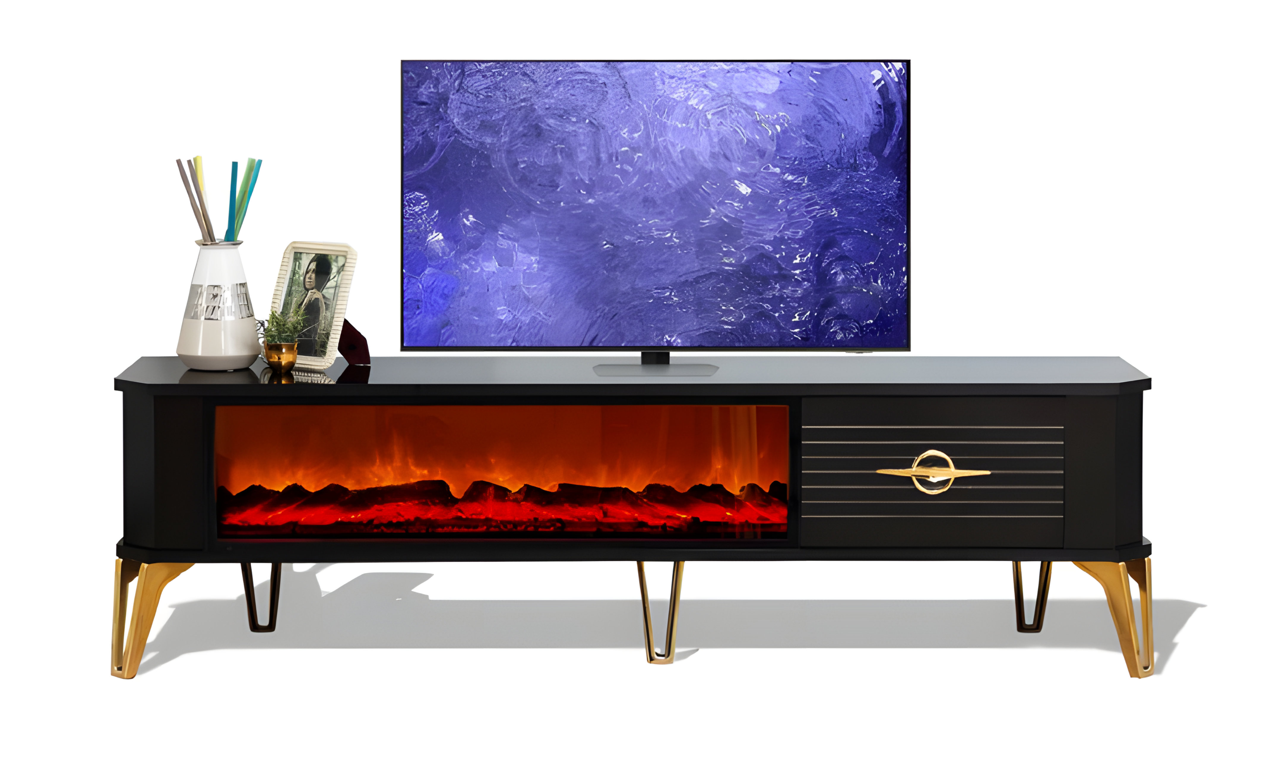 Schicker TV-Lowboard mit Beinen aus Hartkunststoff und Metallgriff