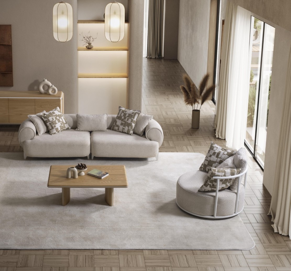 Beige Wohnzimmer Set aus Holz und Textil modern und elegant