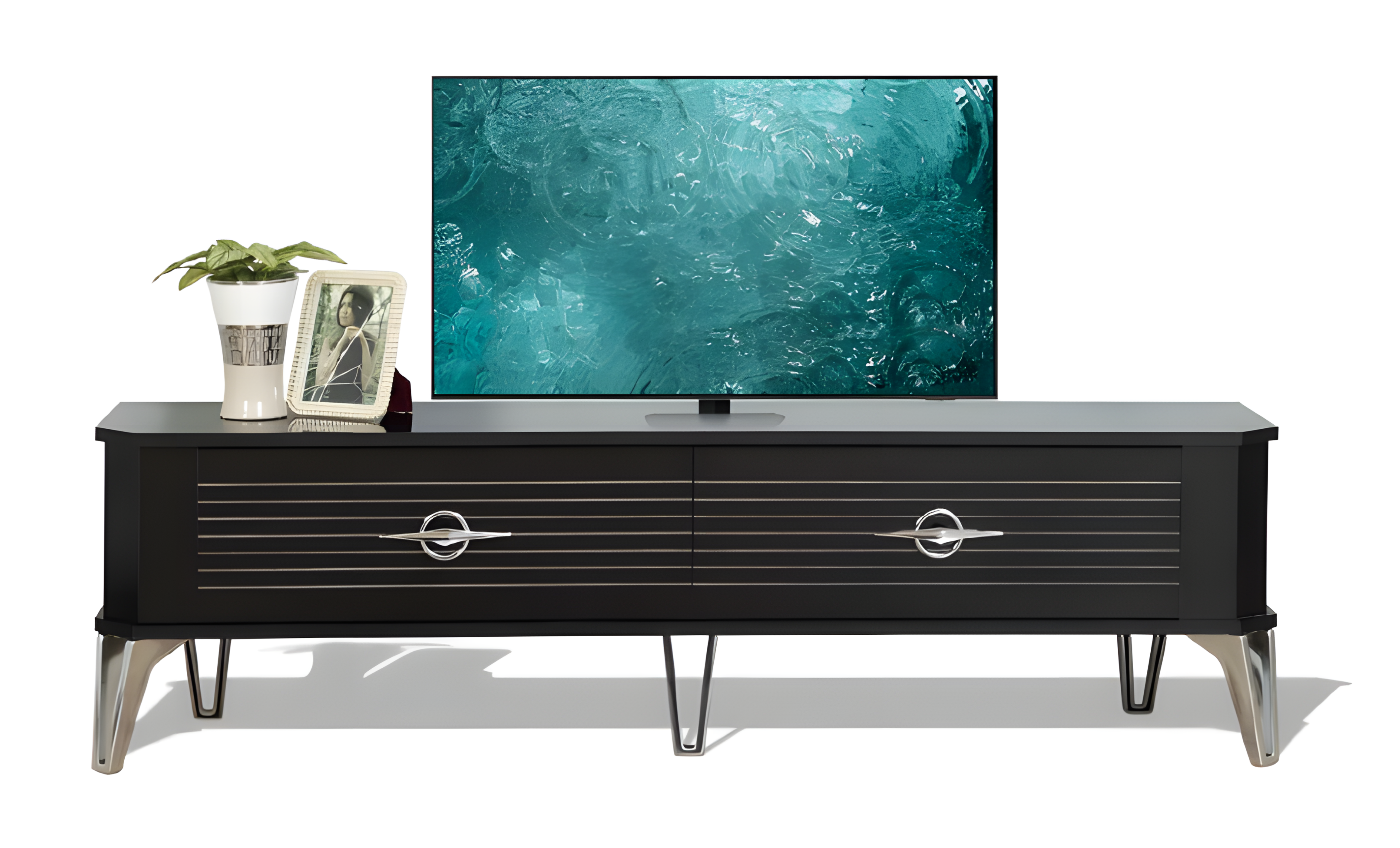 Praktischer TV-Schrank mit funktionalen Schubladen und Metallgriffen