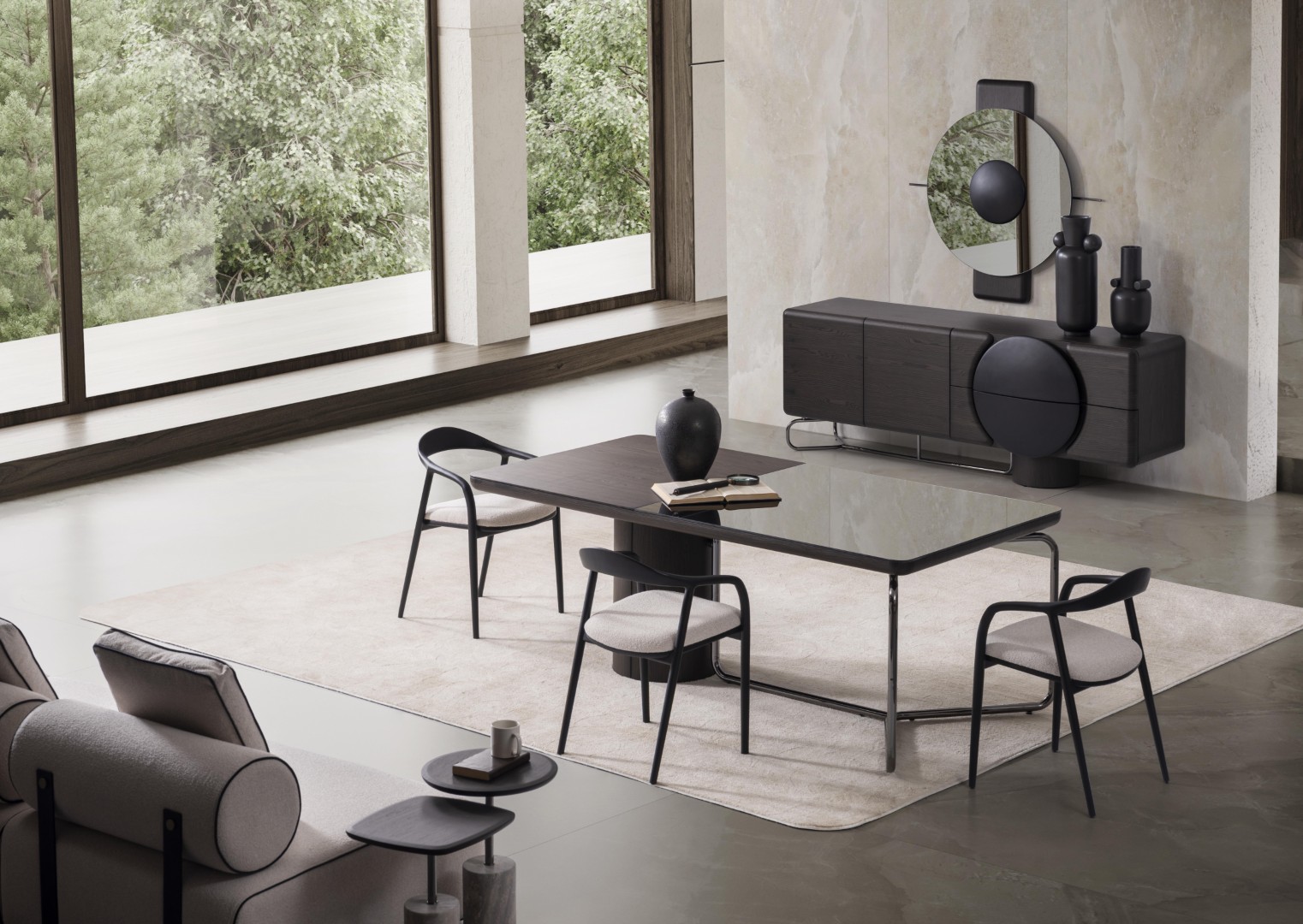 Schwarzes Esszimmer Set aus Holz modern mit Spiegel, Sideboard