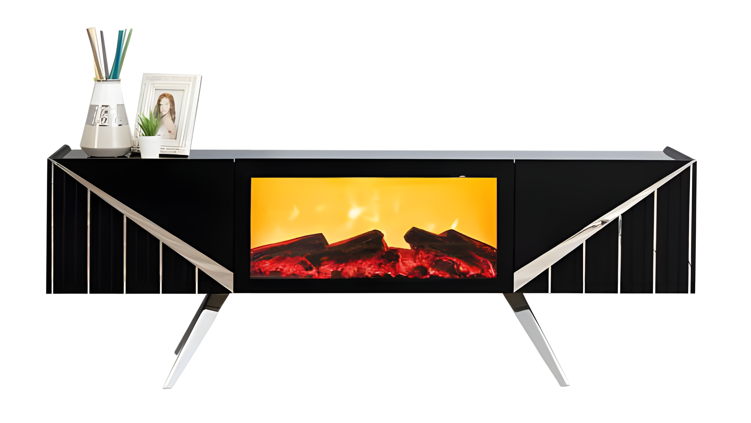 Designer TV-Möbel mit lackiertem MDF-Korpus, intarsiert mit Metalldetails