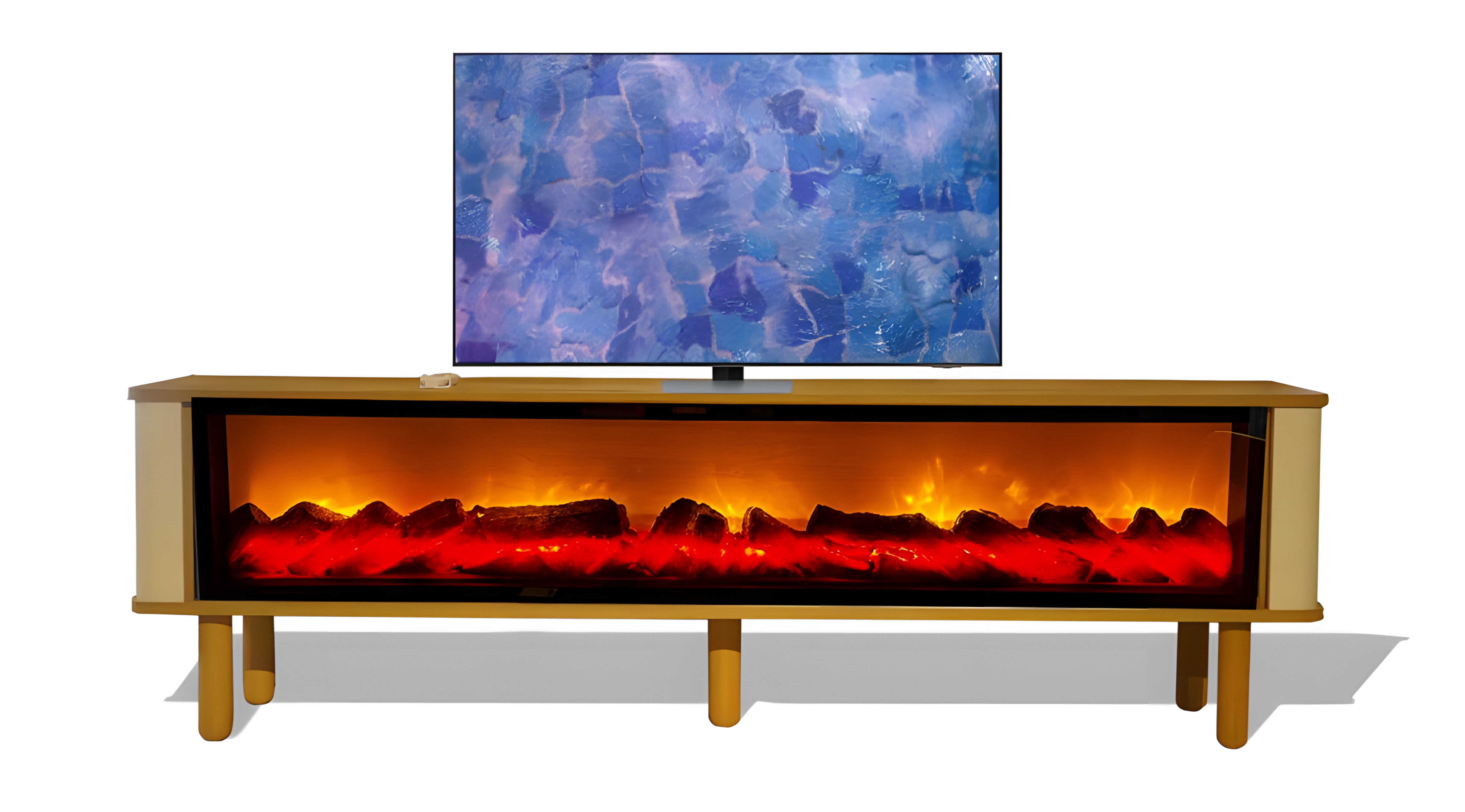 Formschöner TV-Schrank mit Holzbeinen wählbare Kaminfarbe, Musik via Bluetooth