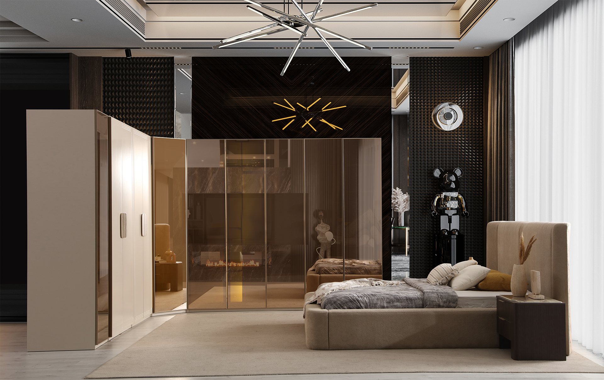 Stilvolles Braunes Schlafzimmer Polsterbett Eckschrank Nachttische