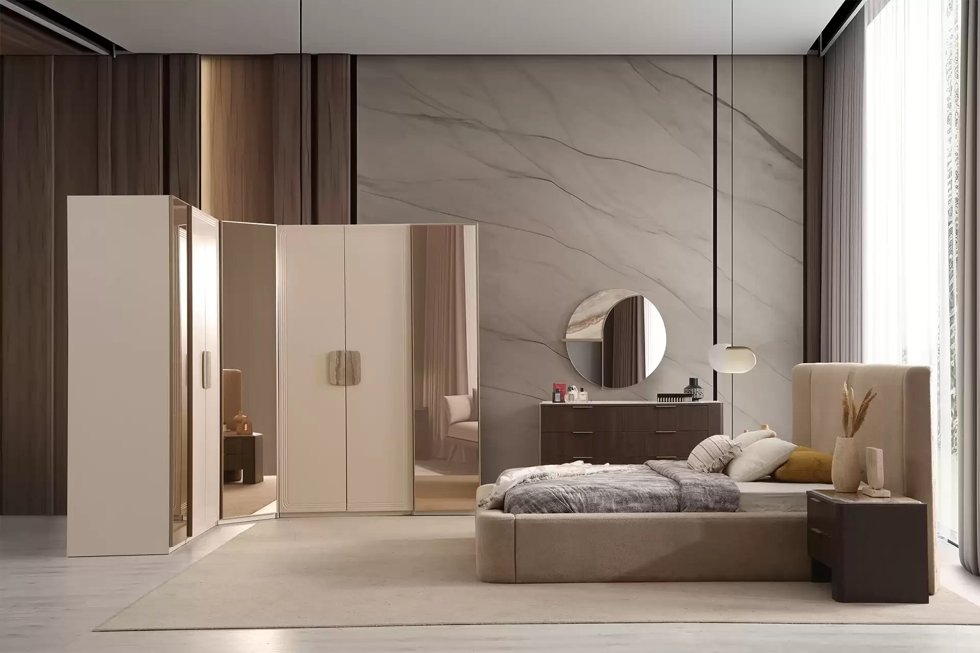 Beiges Schlafzimmer Set Designer Polsterbett Schminktisch Eckschrank
