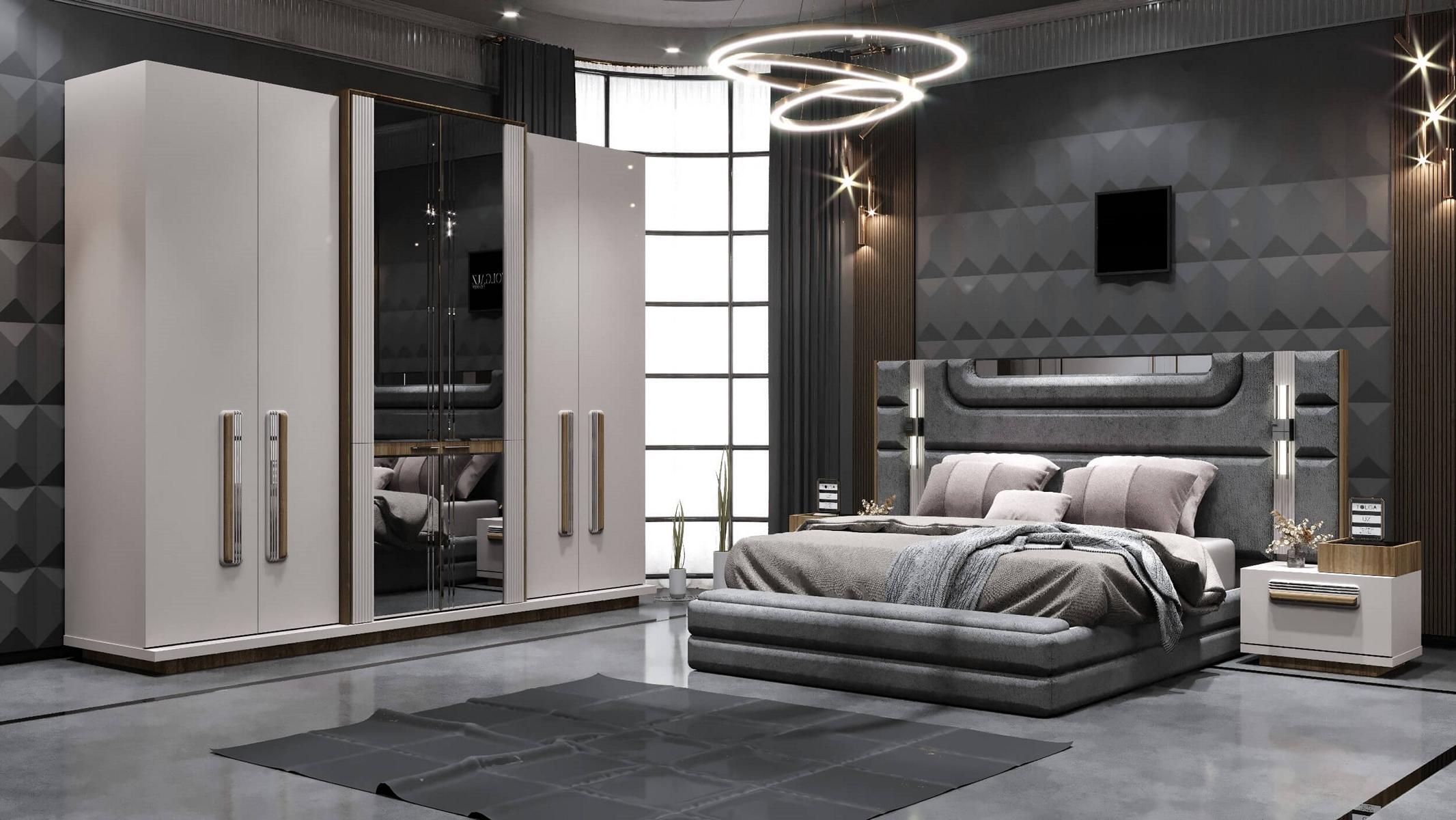 Modernes Schlafzimmer-Set mit Bett mit LED-Beleuchtung und 6-türigem Schrank