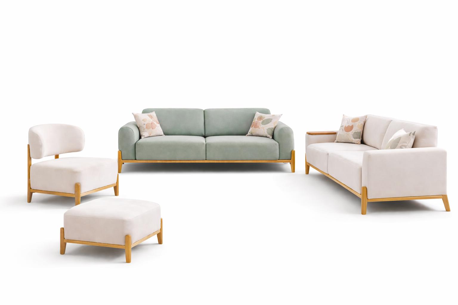 Wohnzimmer-Set 3-Sitzer-Sofa Pouf Sessel Weiß Grün Farbe Holzbeine Neu