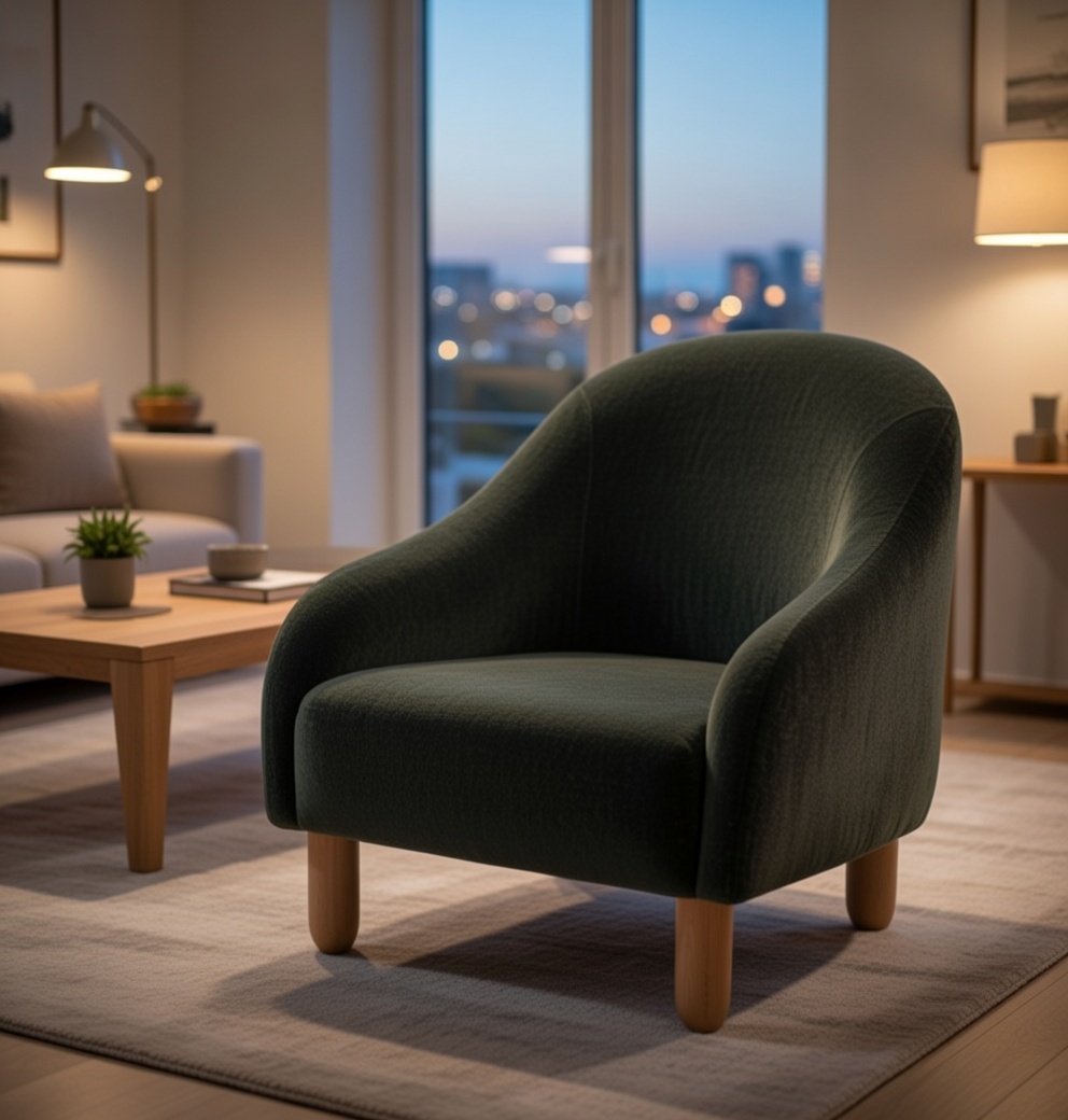 Sessel Modern Dunkelgrün mit Ergonomischer Rückenlehne und Holzbeinen