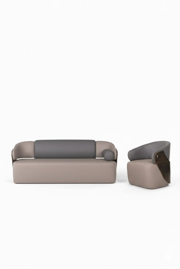 Beige Ledergarnitur Designer Ledersofa Stilvoller Ledersessel 2tlg