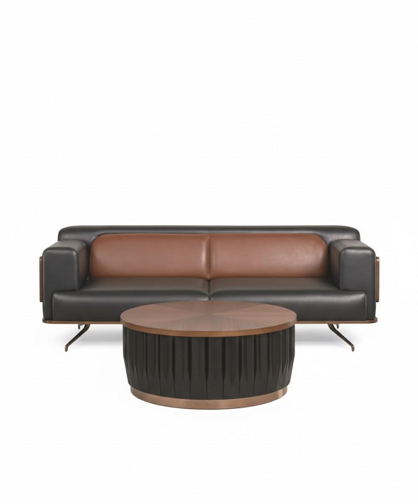 Exklusive Braune Ledercouch Stilvoller Couchtisch Arbeitszimmer Set