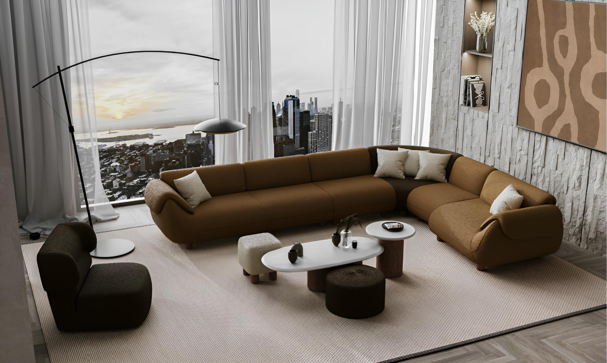 Wohnzimmer Braune Polstergarnitur Edle L-Form Couch Sessel 2x Hocker