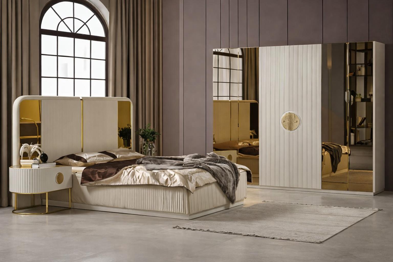 Moderner Bettenrahmen mit Nachttischen und Kleiderschrank im Design