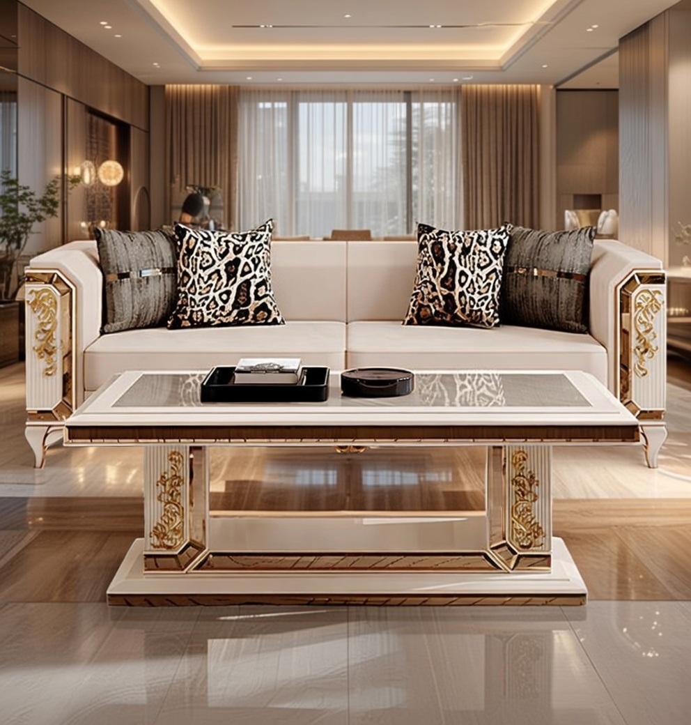 Edles Sofa mit goldenen Akzenten und eleganten Couchtisch