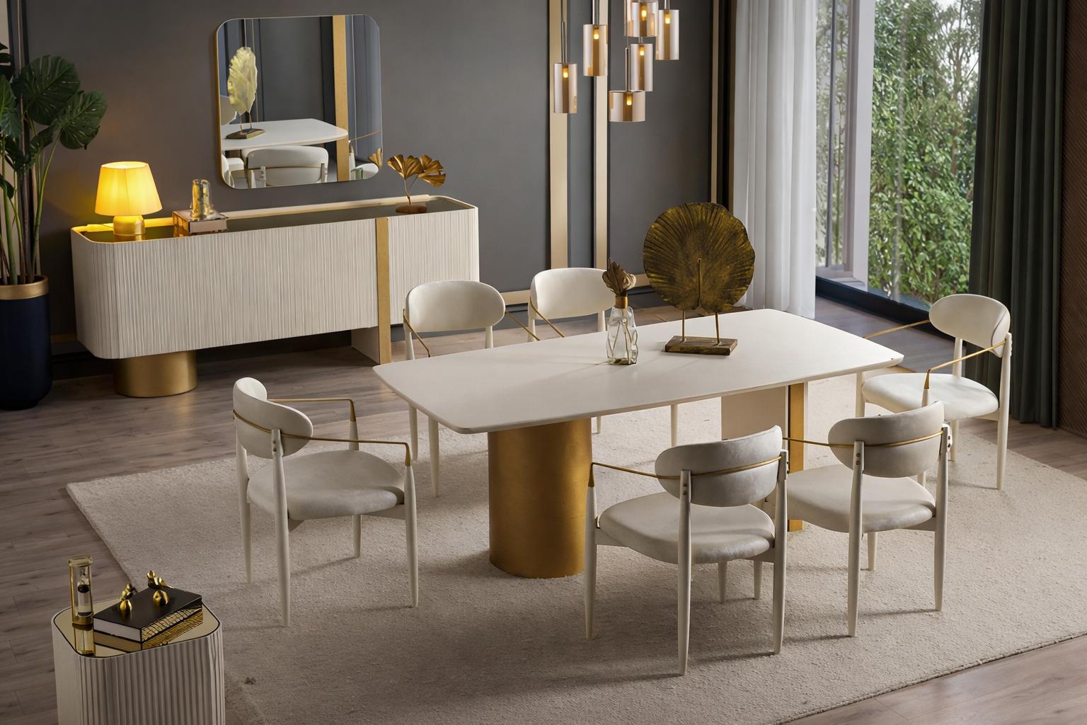 Moderne Essgruppe Edler Esstisch Konsole 6x Textilstühle Spiegel
