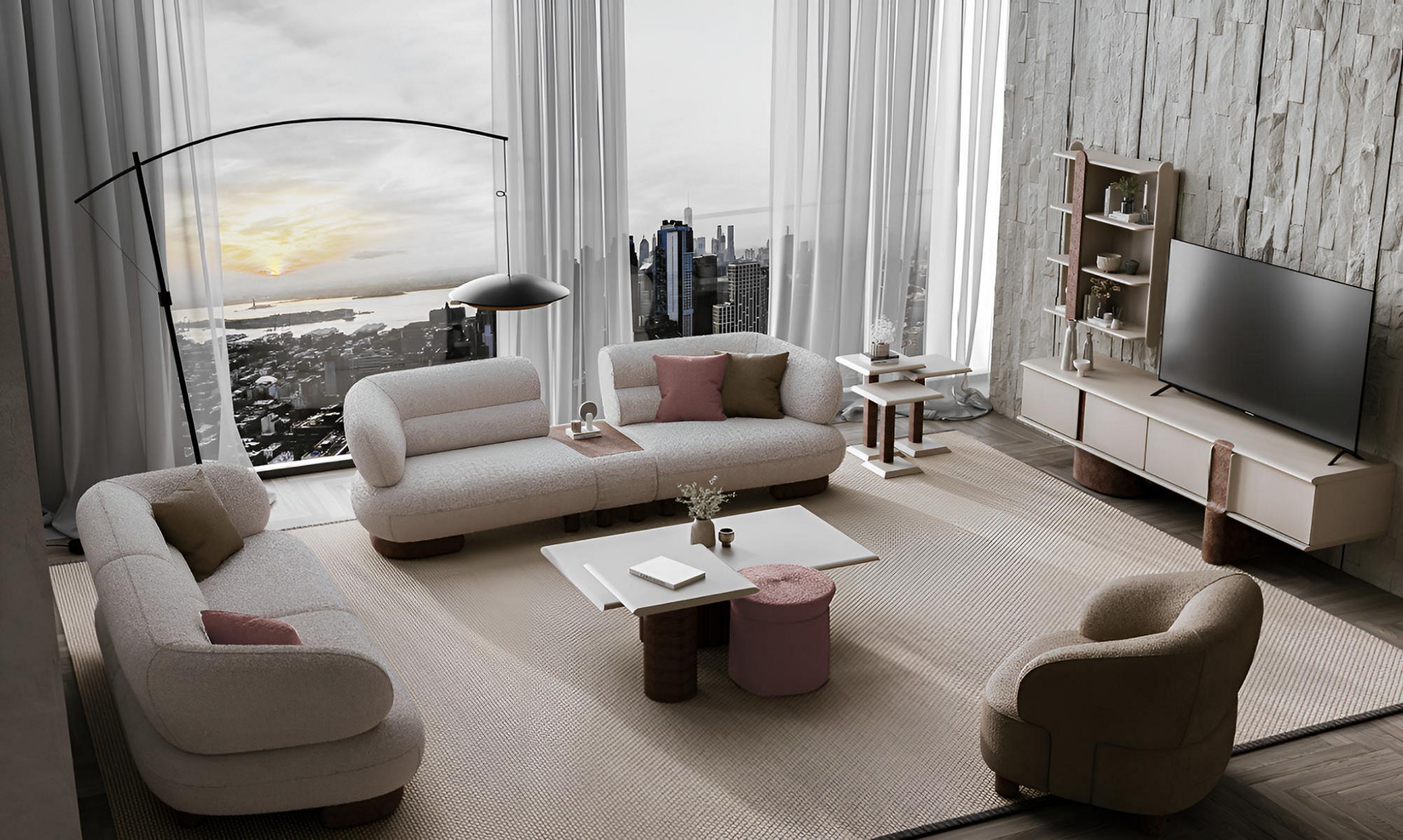 Elegantes Beiges Wohnzimmer Set Polstersofas Couchtisch TV-Board