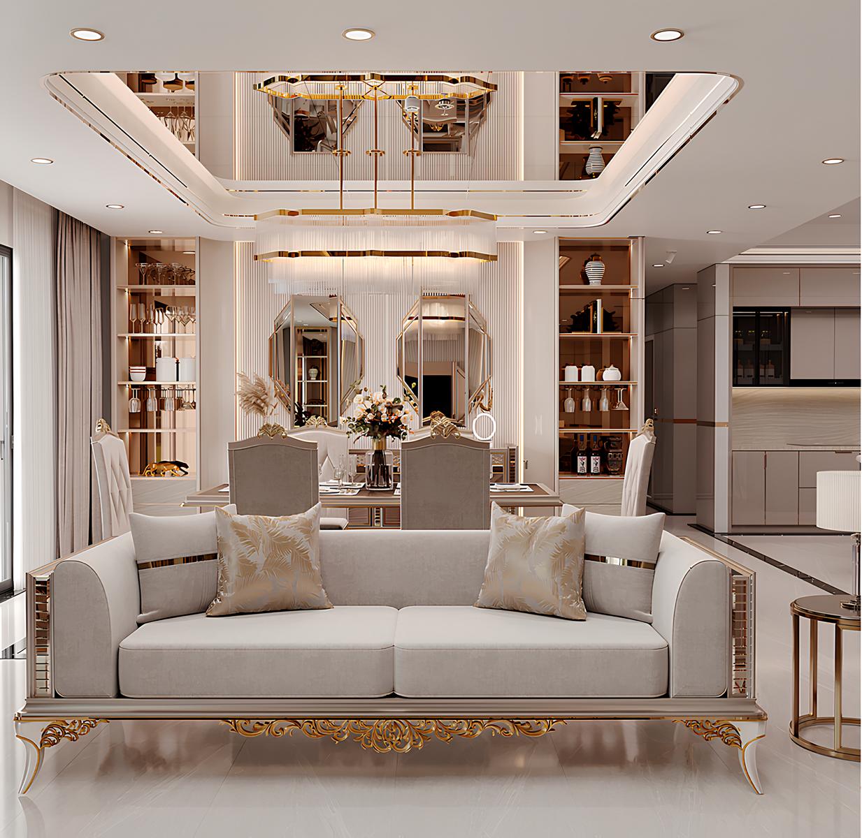 Stilvolles 3-Sitzer Sofa in Beige mit goldenen Akzenten und Komfort