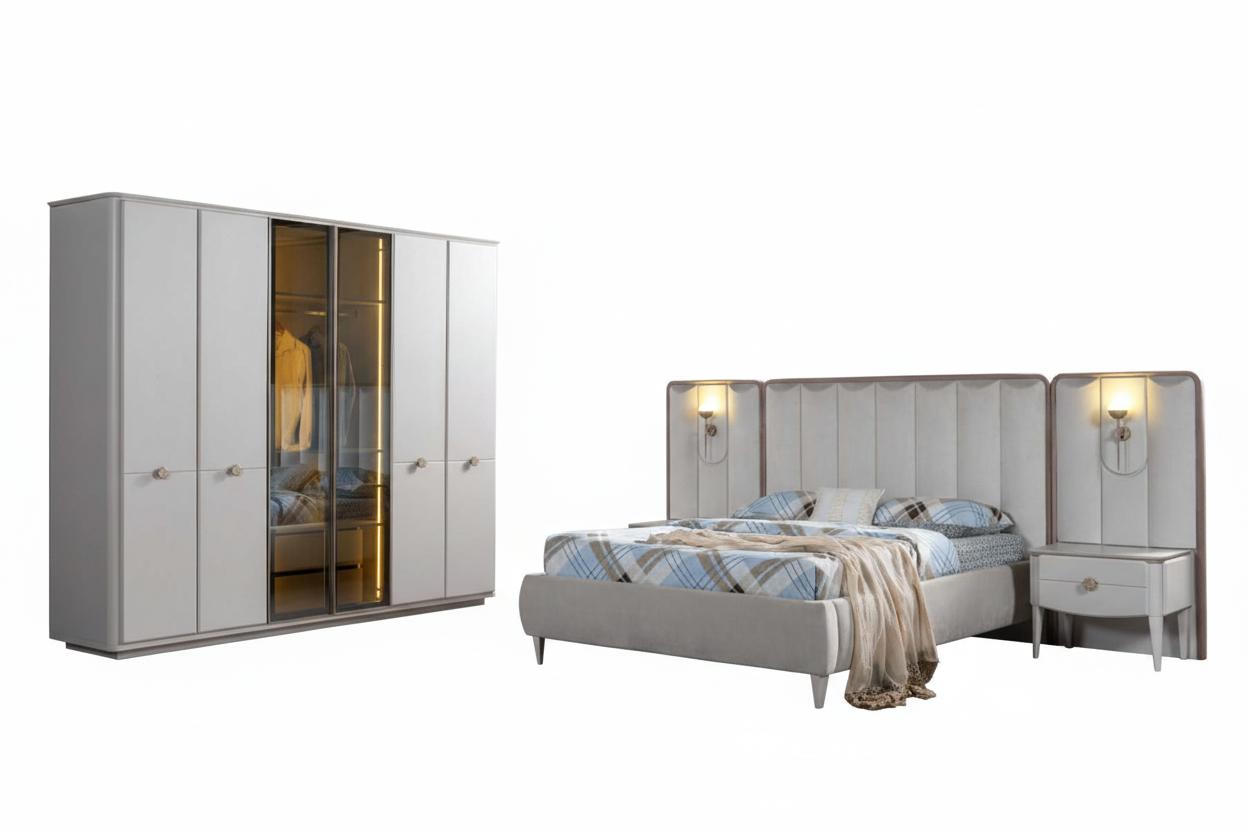 Elegantes Schlafzimmer Set Edles Bett LED Kleiderschrank Nachttische