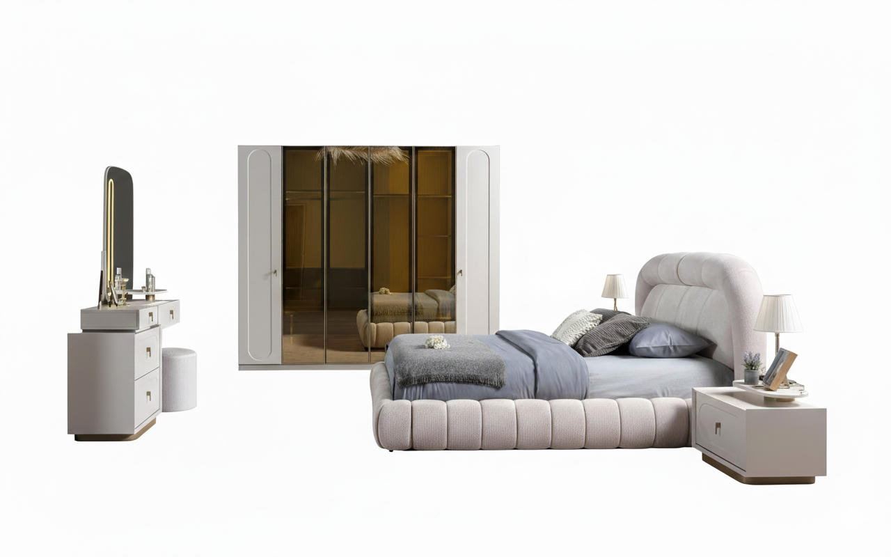 Stilvolles Schlafzimmer-Set Polsterbett 2x Nachttische Schminktisch