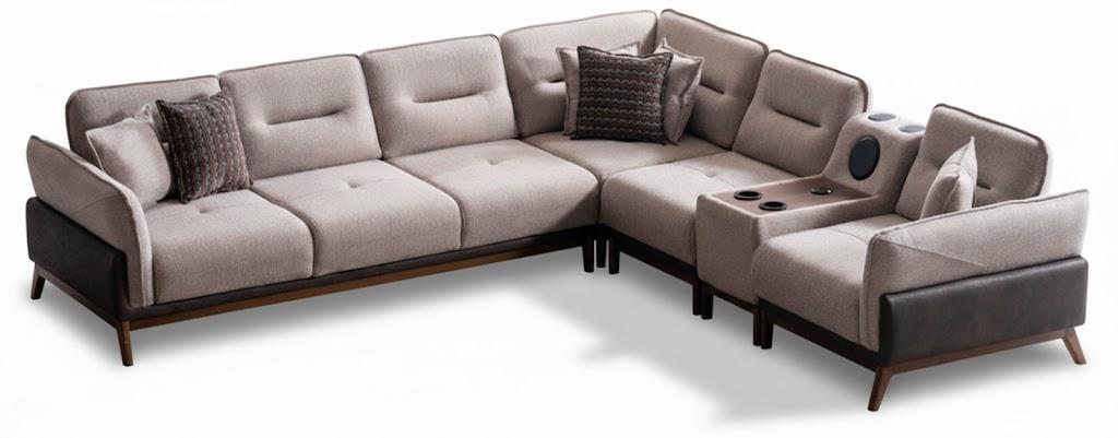 Ecksofa Beige Moderner Stil Audiosystem Weiche Armlehnen Holzbeine Neu