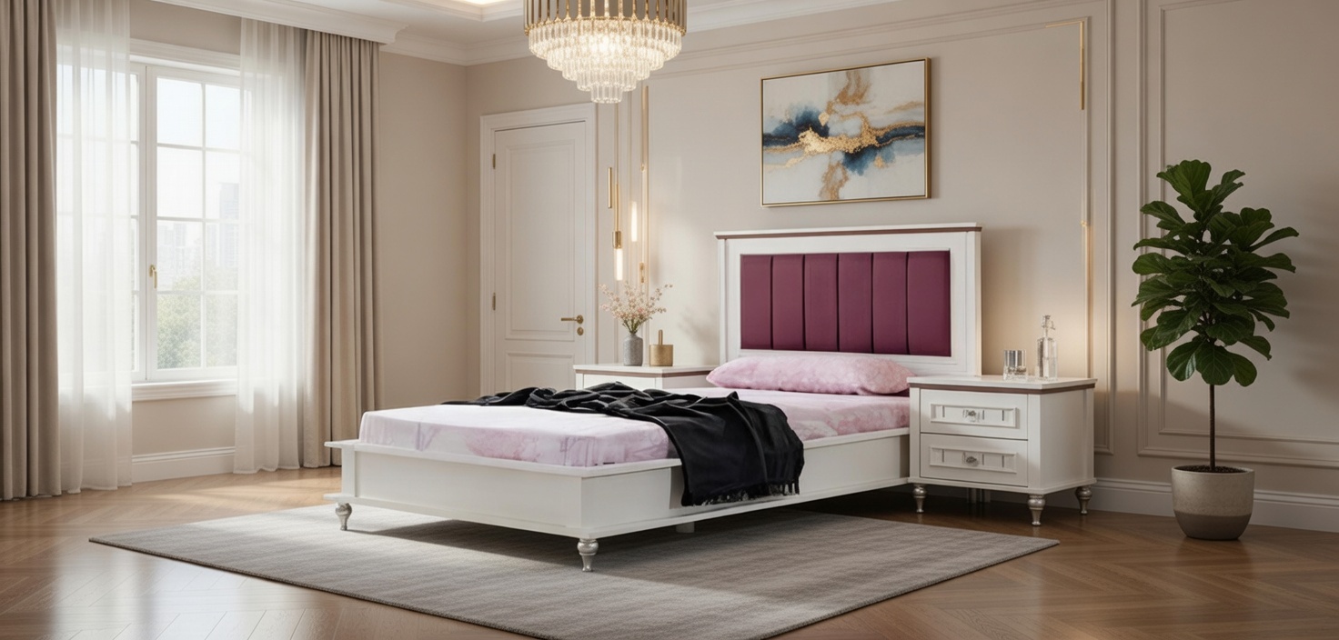 Elegantes Bett mit rosa Kopfteil und Nachttisch aus Holz