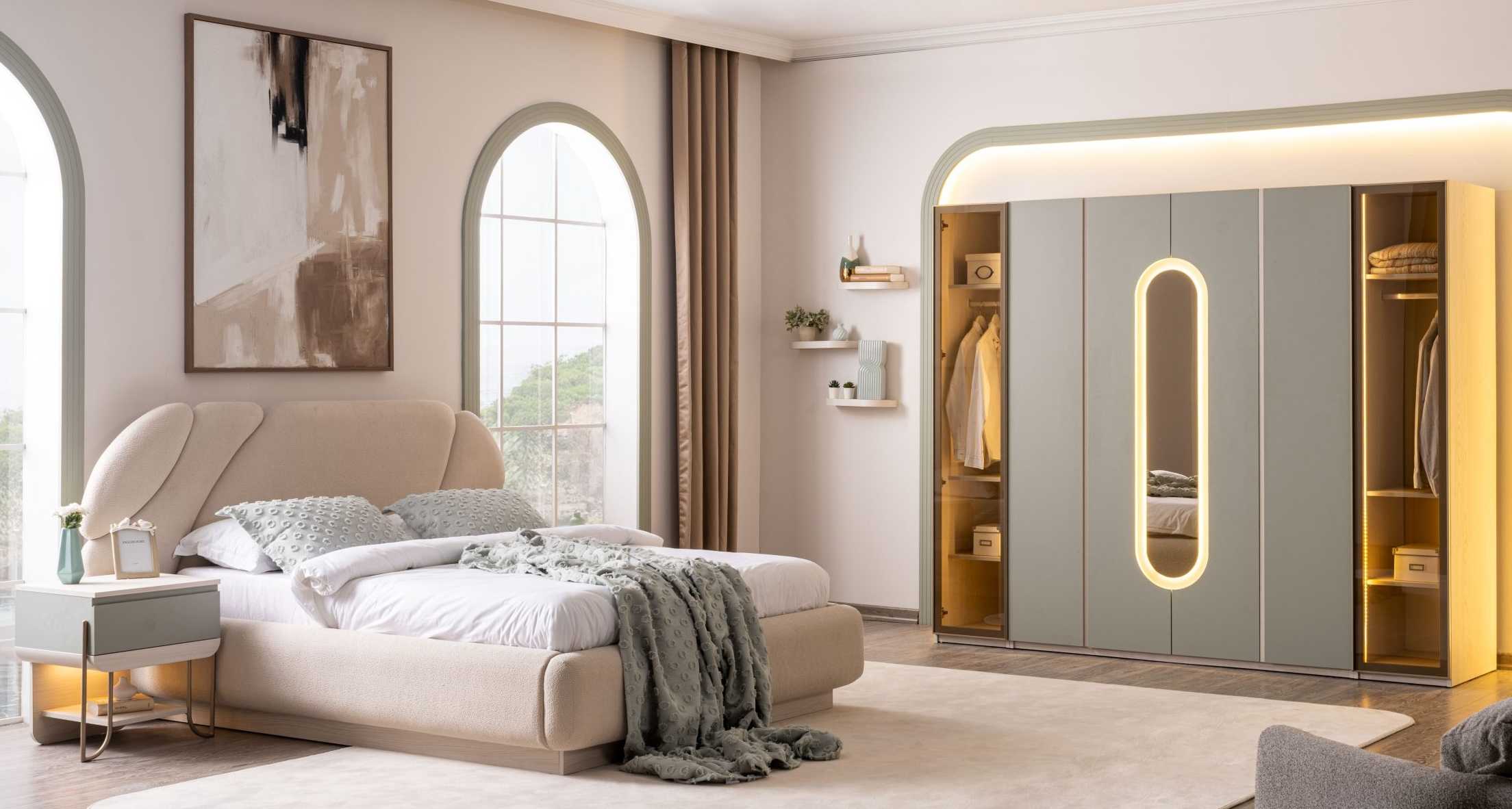 Bett Nachttisch Kleiderschrank Stil modern Farbe beige neu Schlafzimmer