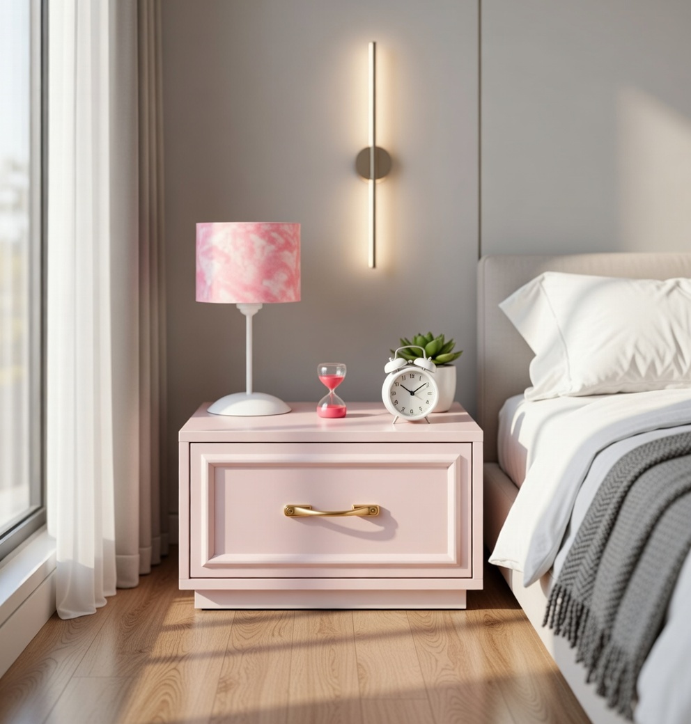 Stilvoller Nachttisch Rosa mit goldfarbigem Griff für modernes Design