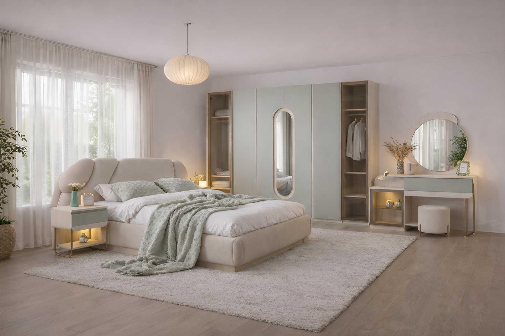 Bett Nachttisch Kleiderschrank Schminktisch Hocker Stil modern Farbe beige