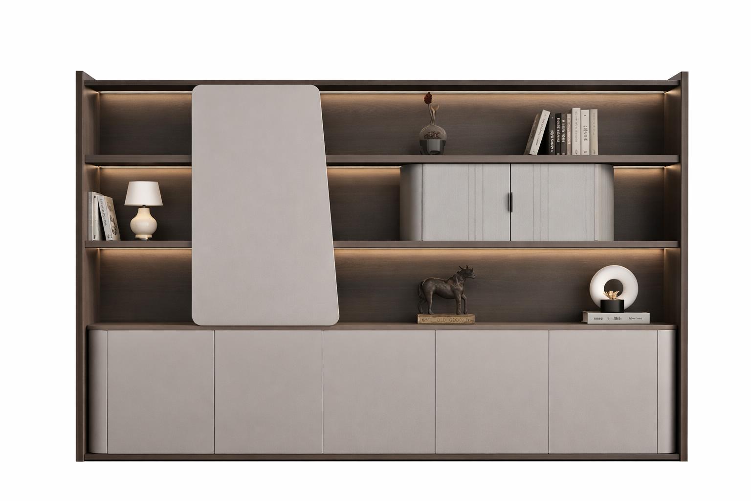 Moderne Büroschrankwand mit LED-Beleuchtung und eleganten Regalen