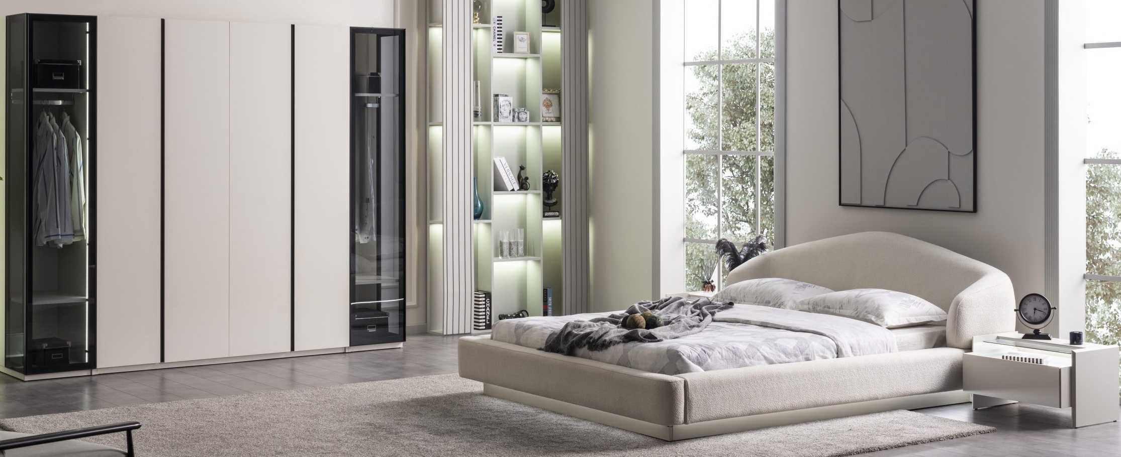 Bett Nachttisch Kleiderschrank Stil modern Farbe beige schwarz neu