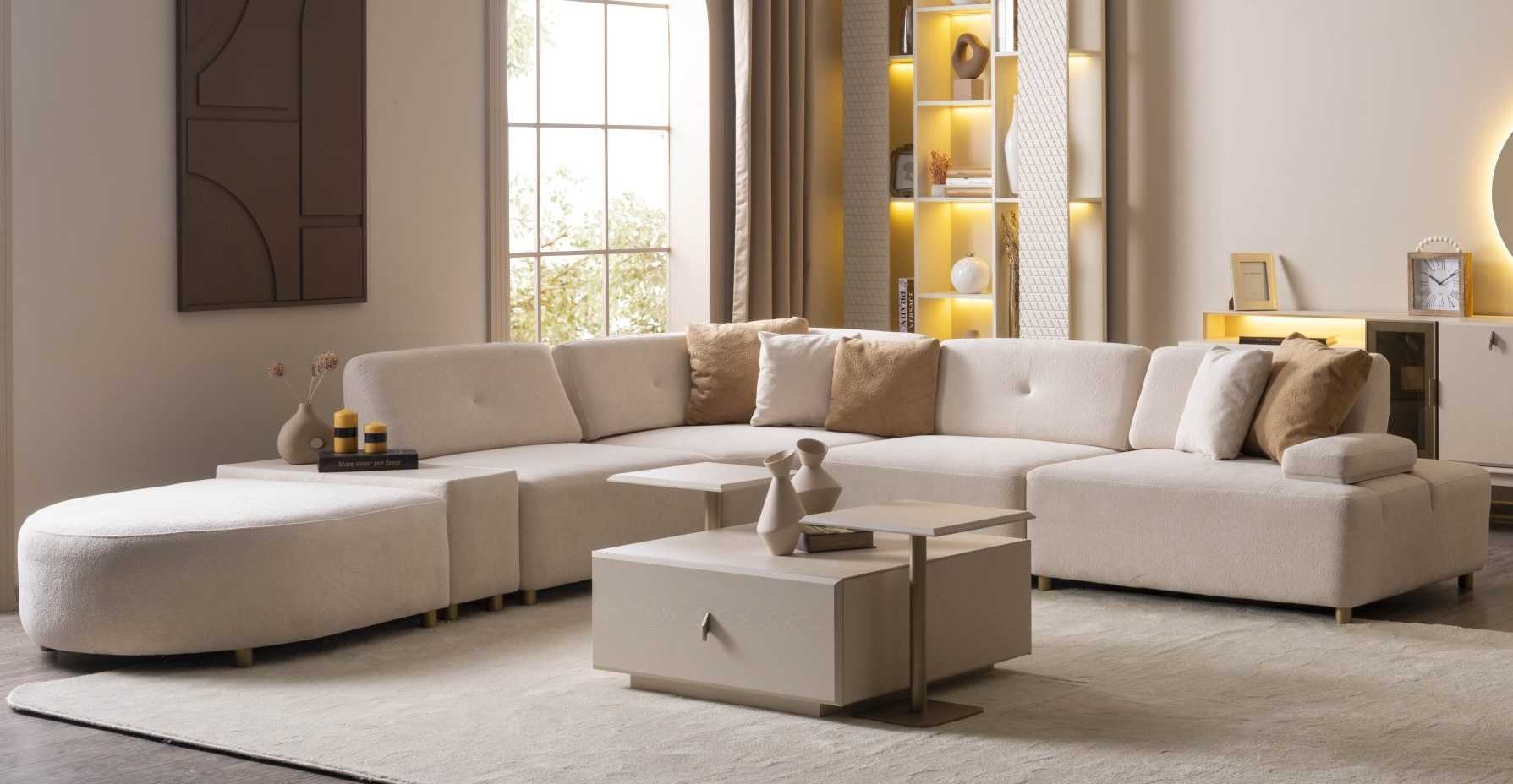 Ecksofa Couchtisch Stil modern Farbe beige bequem geräumig neu weich