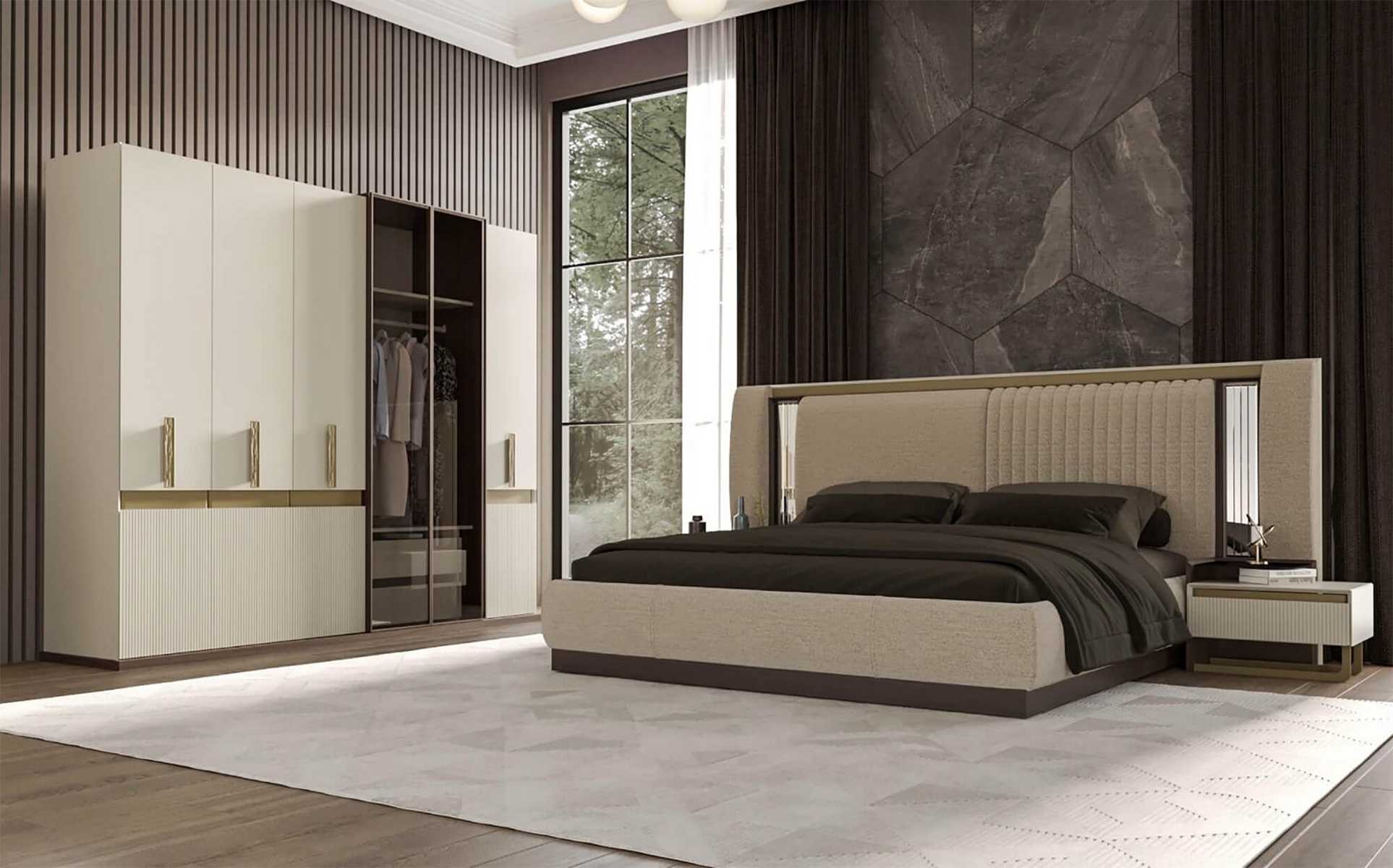 Modernes Schlafzimmermöbel-Set: Bett mit 2 Nachttischen und Schrank