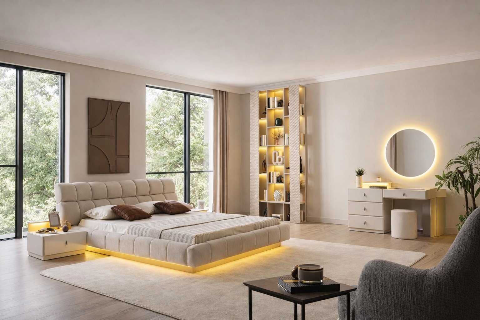 Bett Nachttisch Schminktisch Spiegel Hocker Stil modern Farbe beige