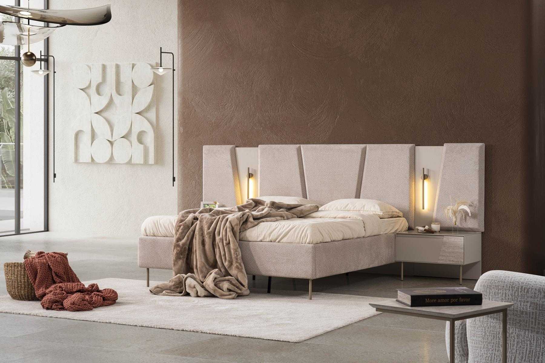 Bett Nachttisch Schlafzimmer Stil modern Farbe beige neu Beleuchtung