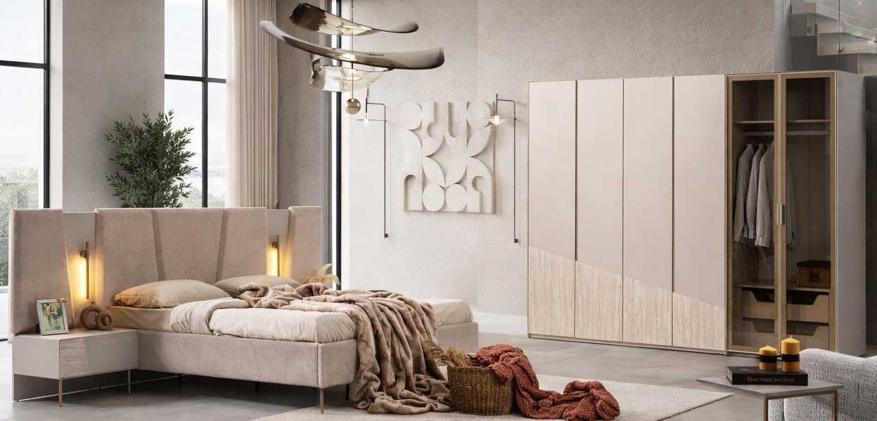 Bett Nachttisch Kleiderschrank Stil modern Farbe beige Glas geräumig