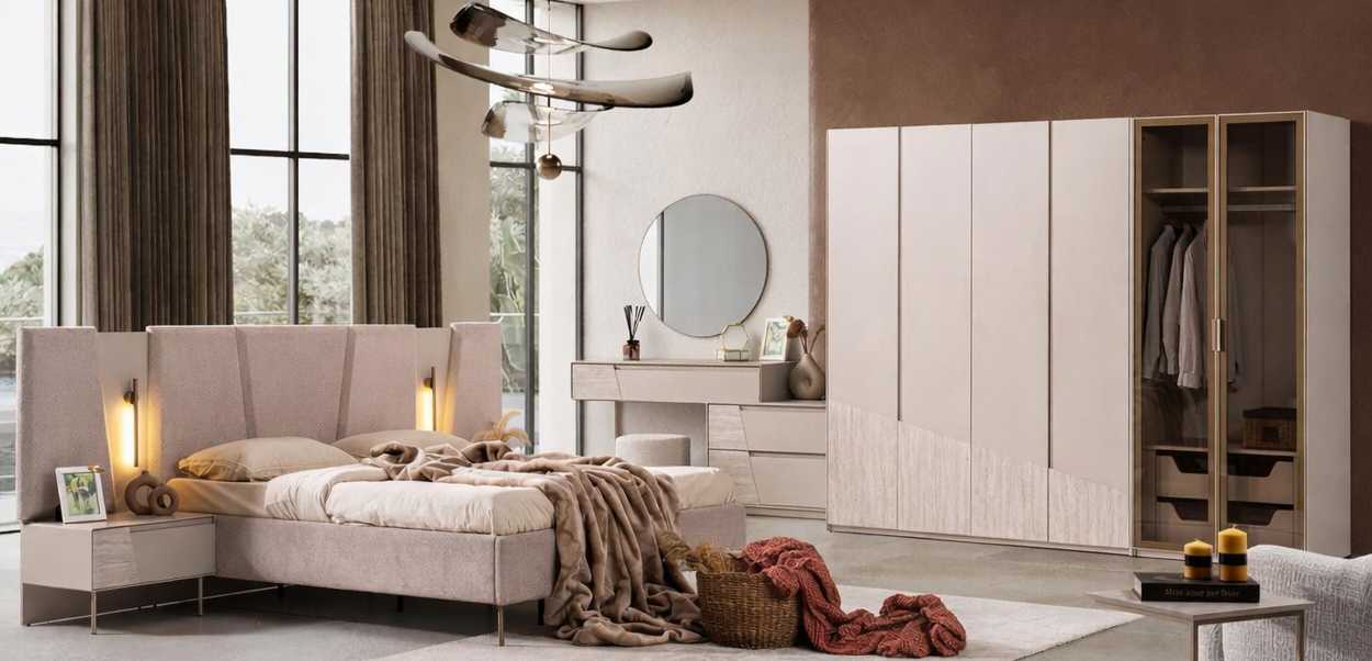 Bett Nachttisch Kleiderschrank Schminktisch Spiegel Hocker Stil modern