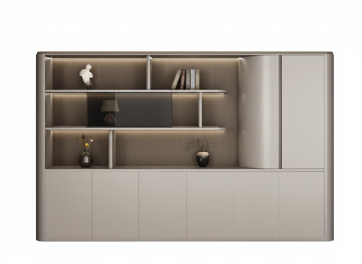 Moderner Büroschrank mit offenen Regalen und eleganter Beleuchtung