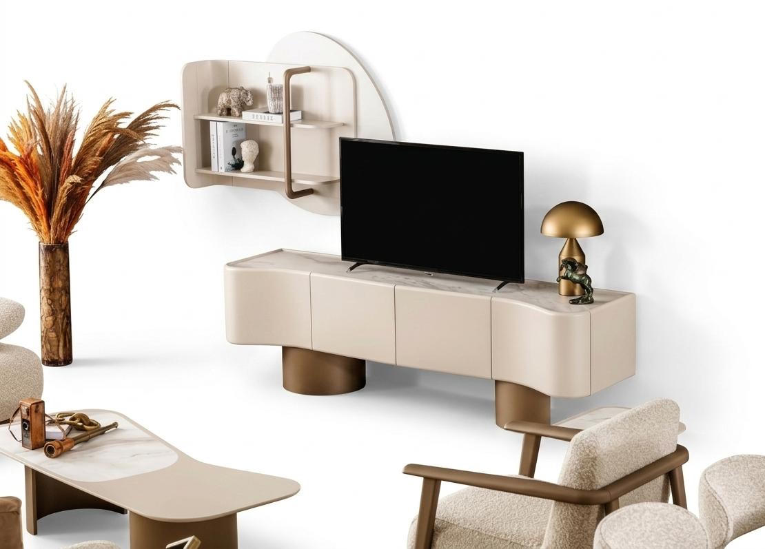 Wohnzimmer-Set Moderner Stil Beigefarbene Holzrahmen Elegantes Design